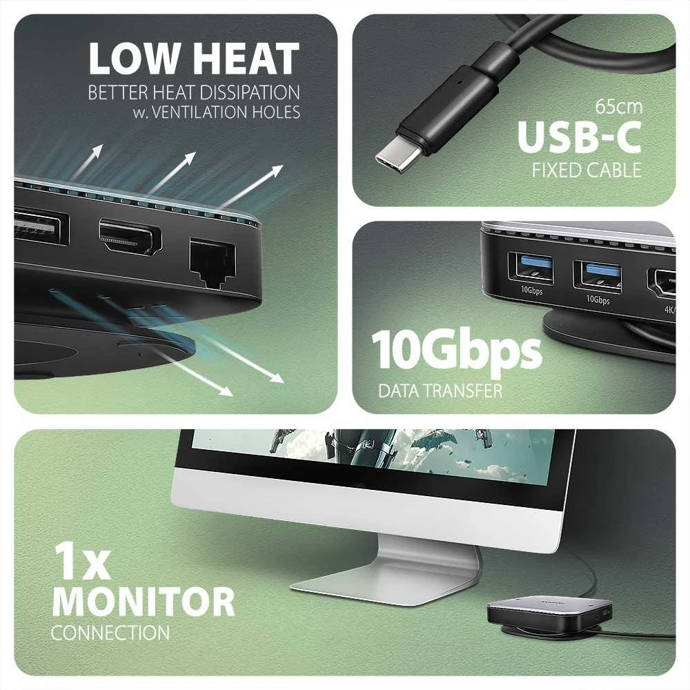 AXAGON HMC-UFO USB 10Gbps šakotuvas, 2x USB-A, USB-C, HDMI 4k/60, RJ-45, M.2, SD/mSD, garso jungtis, PD