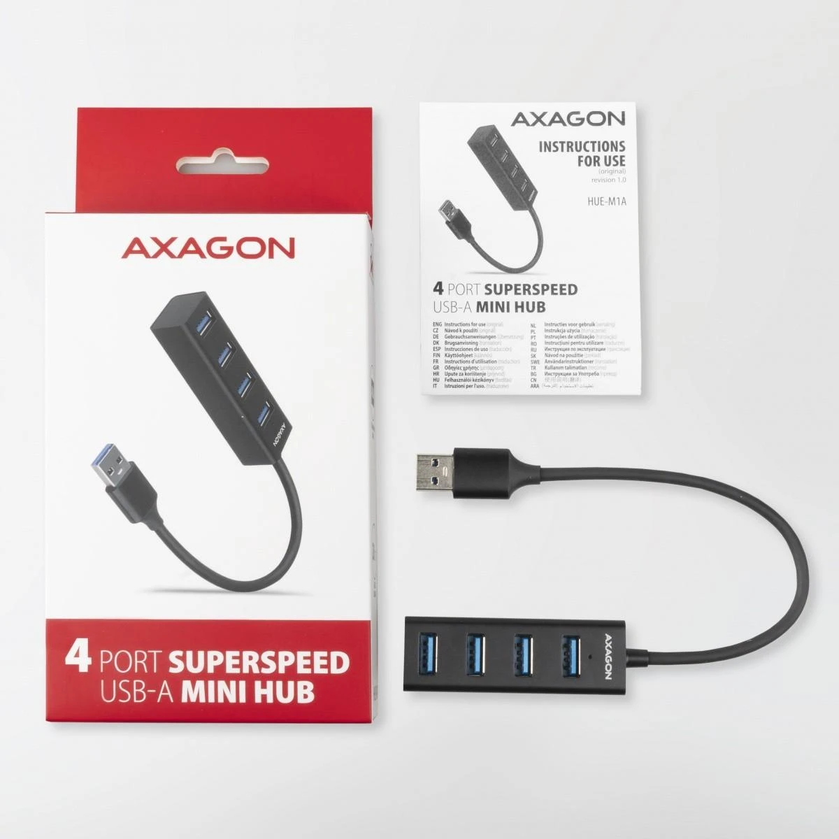 AXAGON HUE-M1A USB šakotuvas su pakuote ir instrukcija