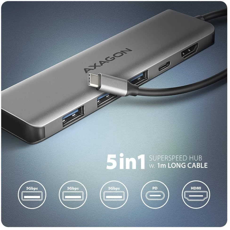 AXAGON 5-in-1 USB-C šakotuvas su jungčių piktogramomis