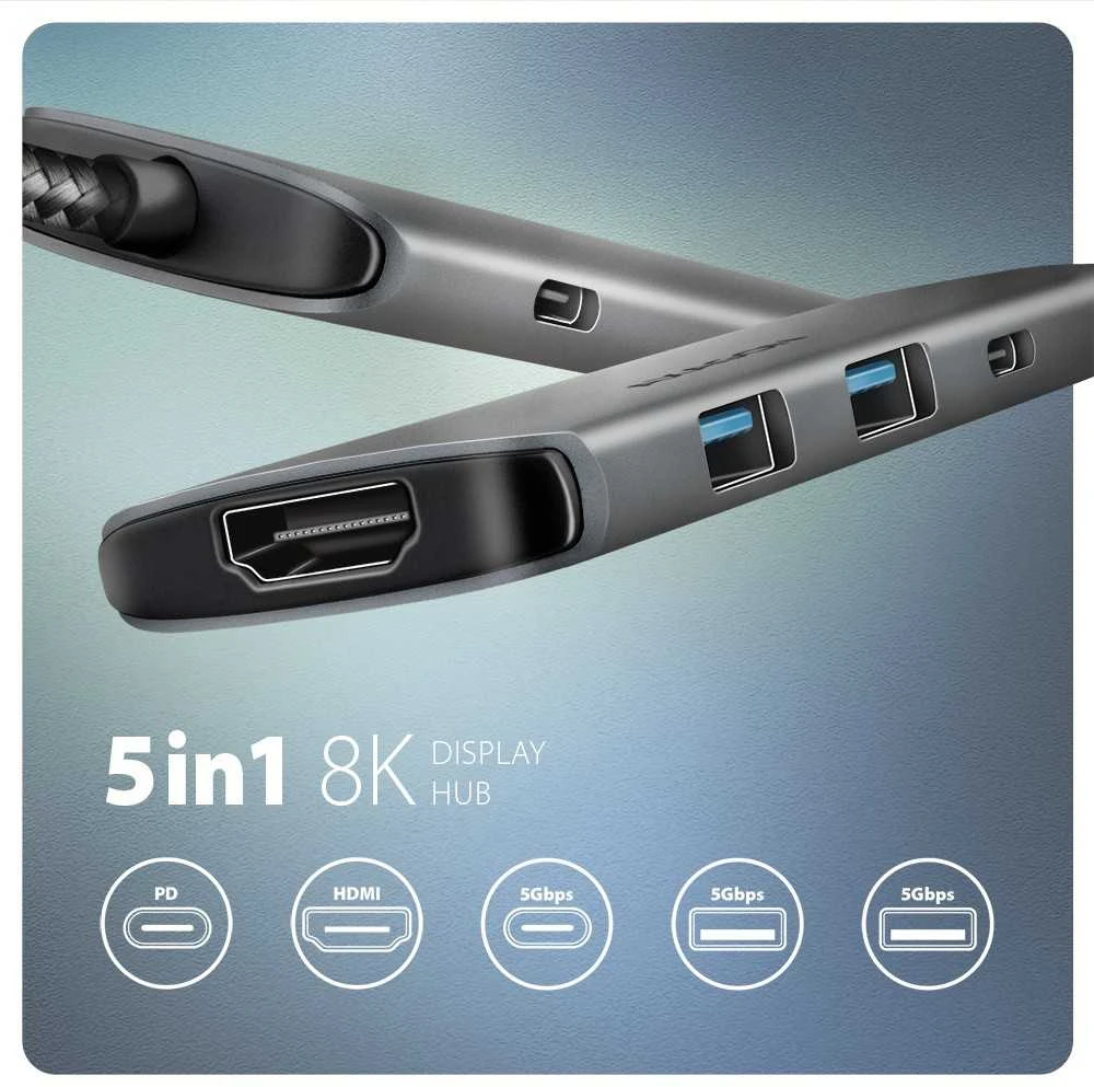AXAGON HMC-5H8K USB 5Gbps šakotuvas, 2x USB-A, USB-C, HDMI 8k/30Hz, PD 100W,