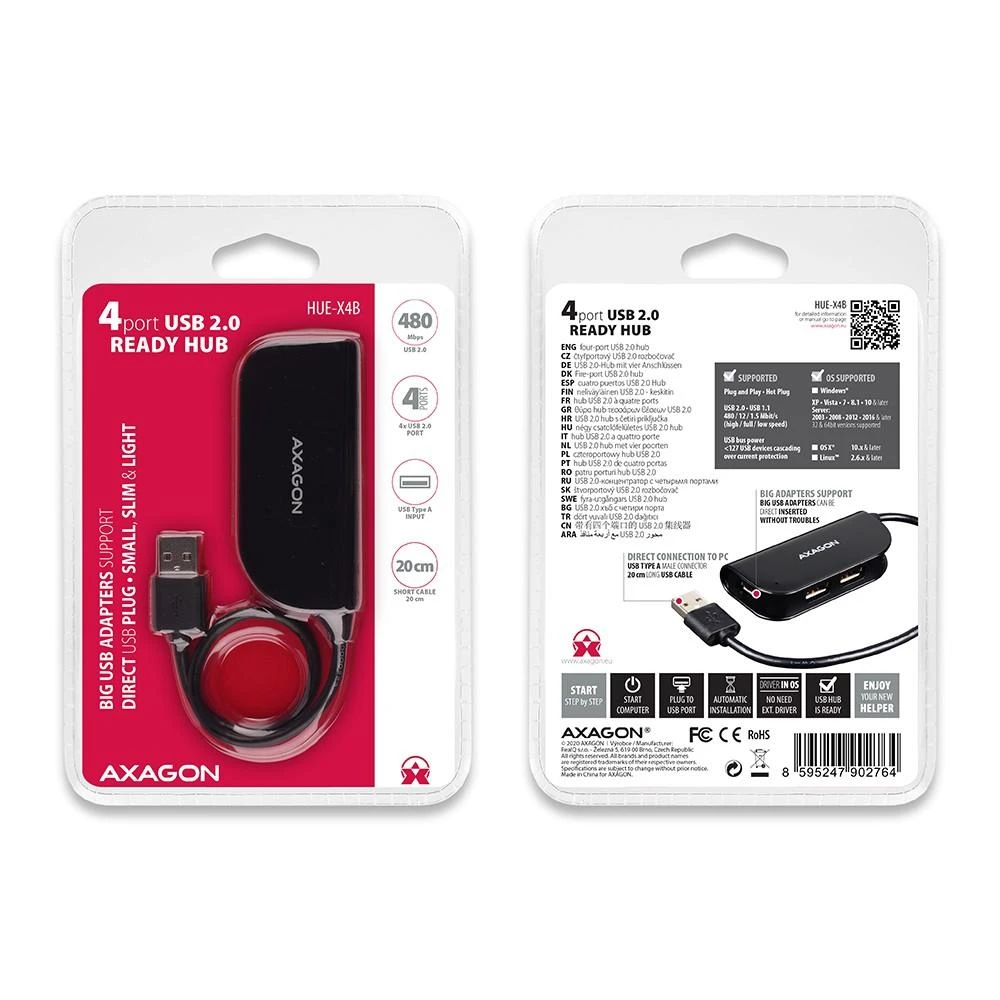Axagon Handy keturių prievadų USB 2.0 šakotuvas su nuolat prijungtu USB kabeliu. Juodas.