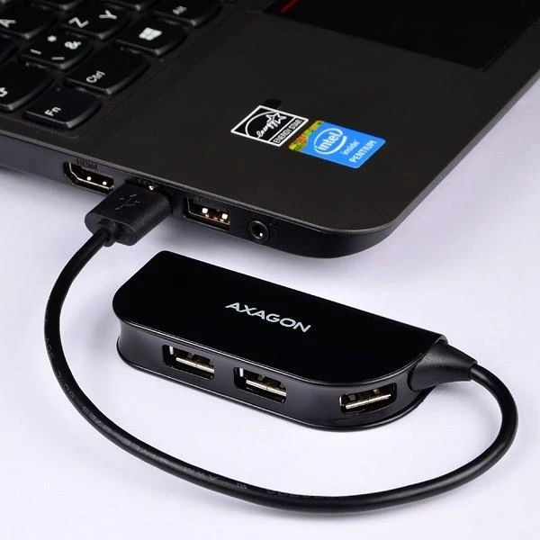 Axagon Handy keturių prievadų USB 2.0 šakotuvas su nuolat prijungtu USB kabeliu. Juodas.