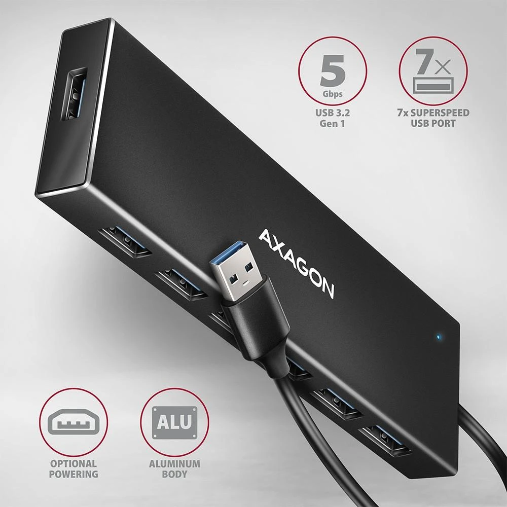 „Axagon“ septynių prievadų USB 3.2 Gen 1 šakotuvas su įkrovimo palaikymu. Jungtis išoriniam maitinimo šaltiniui. USB-A laidas 1 m.