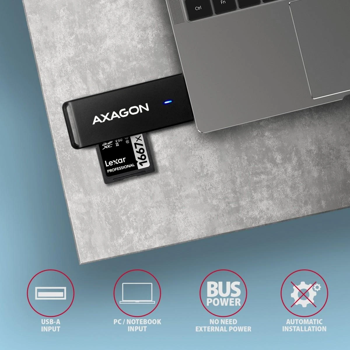 Axagon Slim itin spartus USB 3.2 Gen 1 kortelių skaitytuvas su tiesiogine USB-A jungtimi.