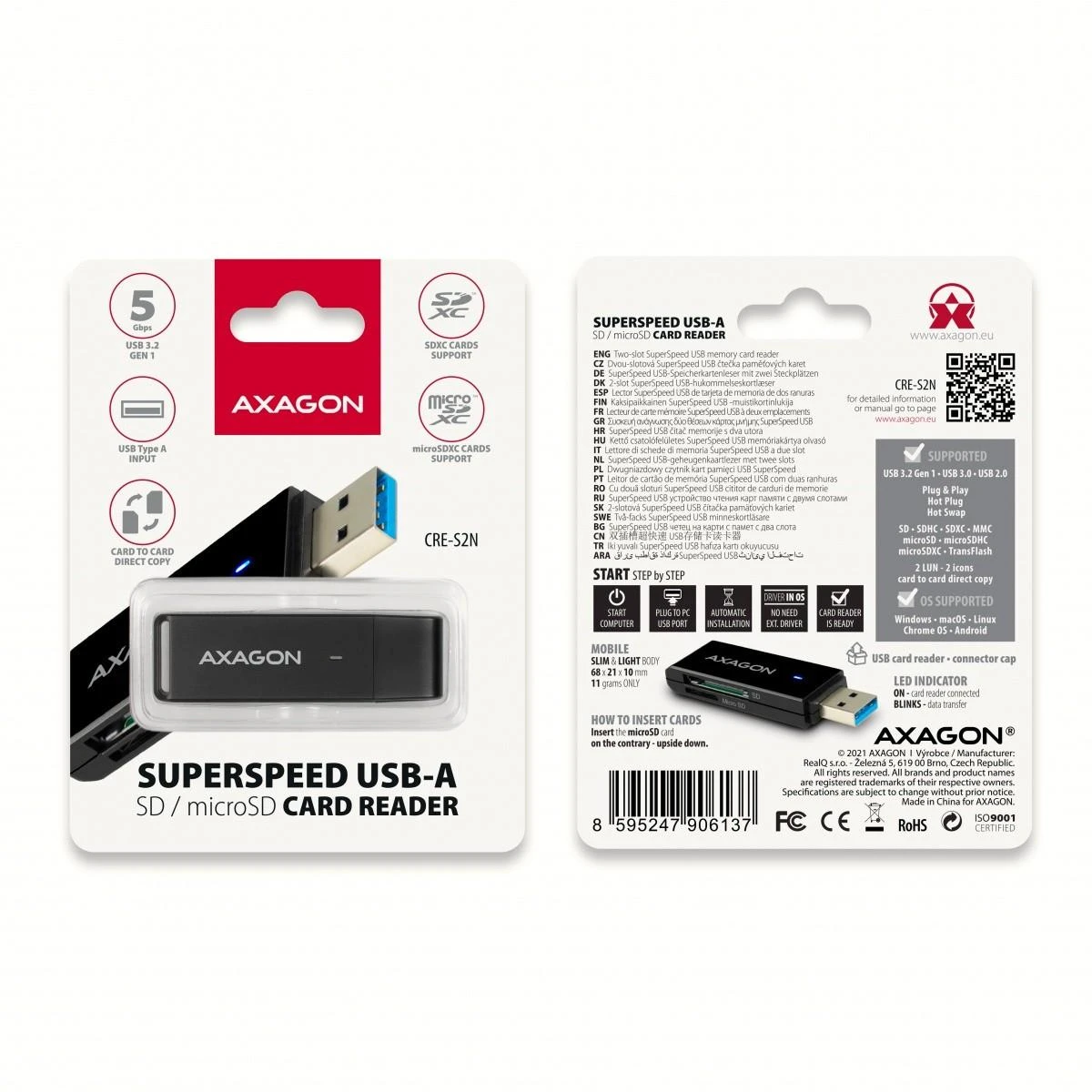 Axagon Slim itin spartus USB 3.2 Gen 1 kortelių skaitytuvas su tiesiogine USB-A jungtimi.