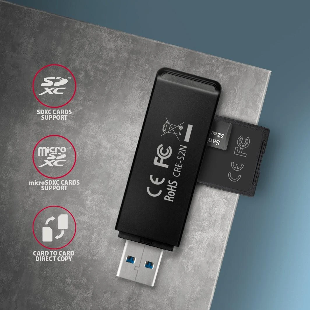 Axagon Slim itin spartus USB 3.2 Gen 1 kortelių skaitytuvas su tiesiogine USB-A jungtimi.