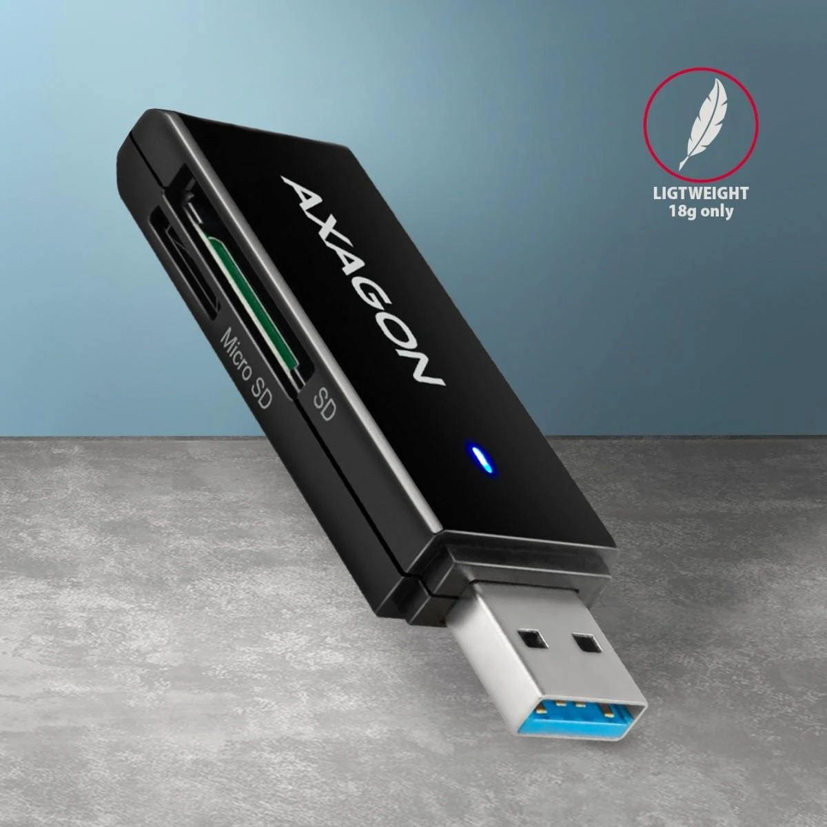 Axagon Slim itin spartus USB 3.2 Gen 1 kortelių skaitytuvas su tiesiogine USB-A jungtimi.