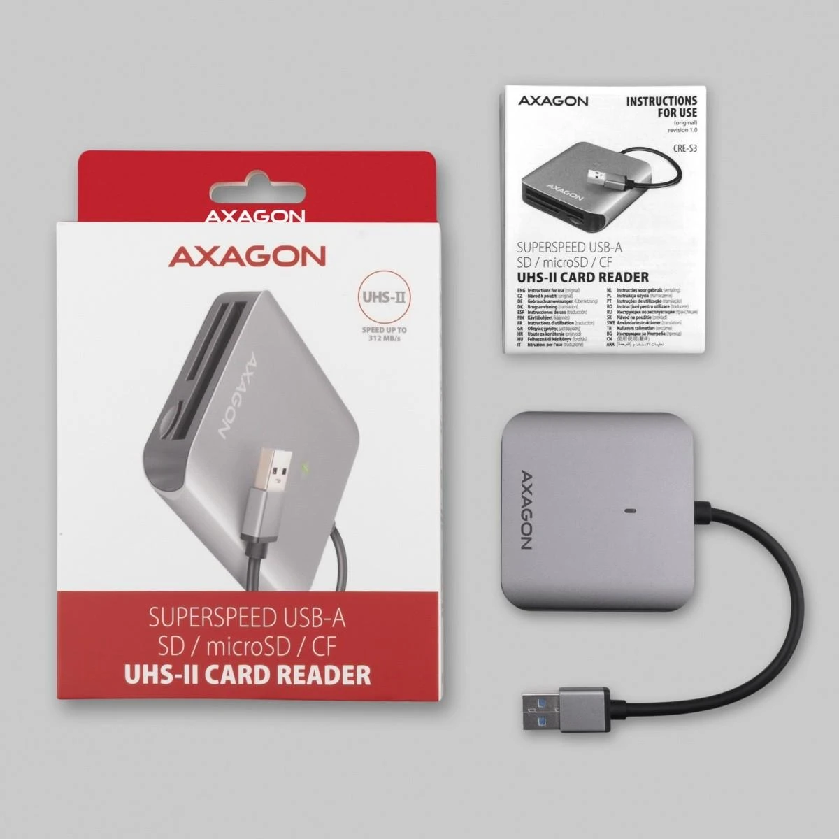 Axagon aliuminio didelės spartos USB-A 3.2 Gen 1 atminties kortelių skaitytuvas. 3 lizdai, UHS-II.