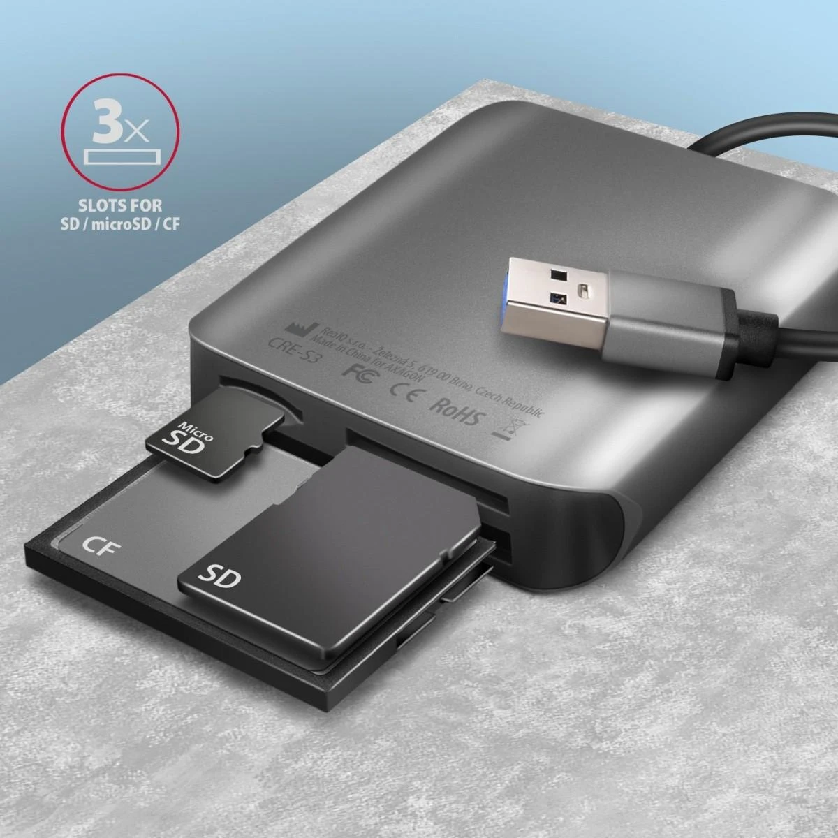 Axagon aliuminio didelės spartos USB-A 3.2 Gen 1 atminties kortelių skaitytuvas. 3 lizdai, UHS-II.