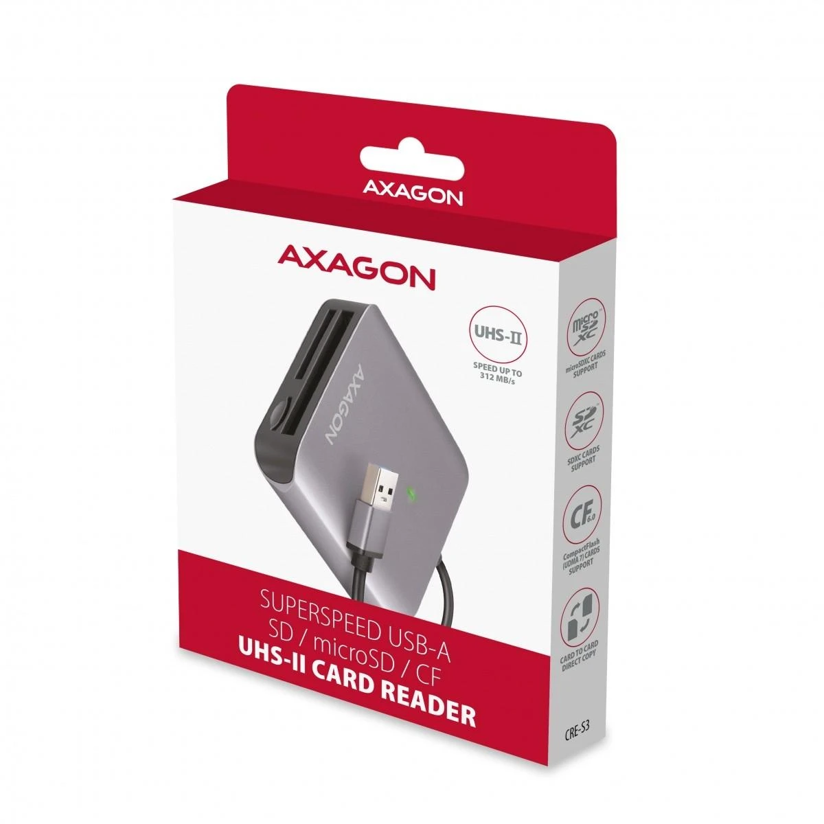 Axagon aliuminio didelės spartos USB-A 3.2 Gen 1 atminties kortelių skaitytuvas. 3 lizdai, UHS-II.