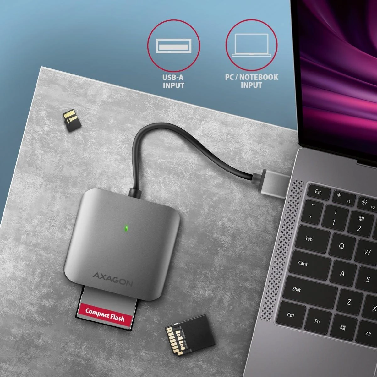 Axagon aliuminio didelės spartos USB-A 3.2 Gen 1 atminties kortelių skaitytuvas. 3 lizdai, UHS-II.