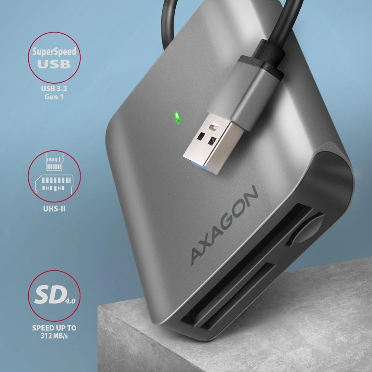 Axagon aliuminio didelės spartos USB-A 3.2 Gen 1 atminties kortelių skaitytuvas. 3 lizdai, UHS-II.