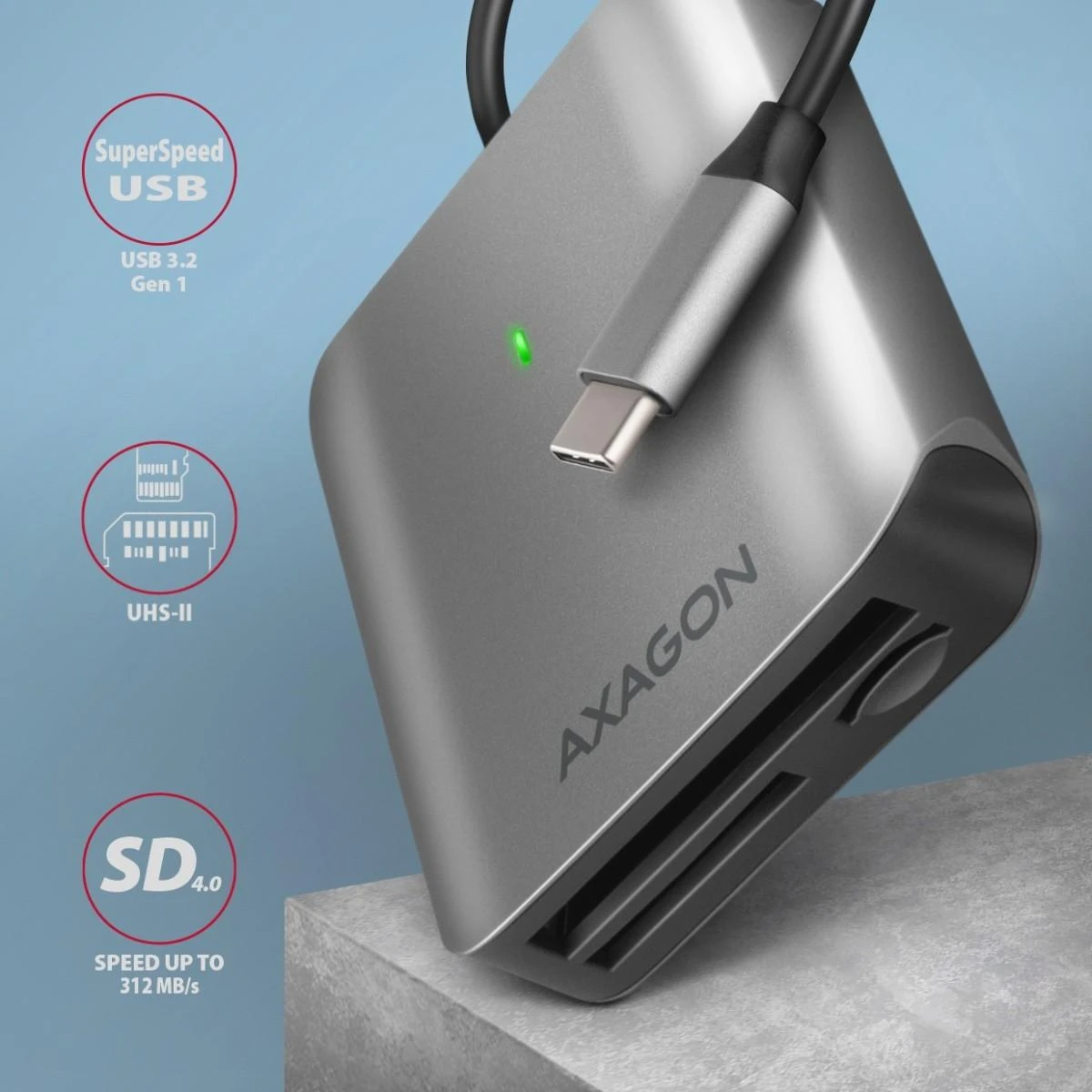 Axagon aliuminio didelės spartos USB-C 3.2 Gen 1 atminties kortelių skaitytuvas. 3 lizdai, UHS-II.