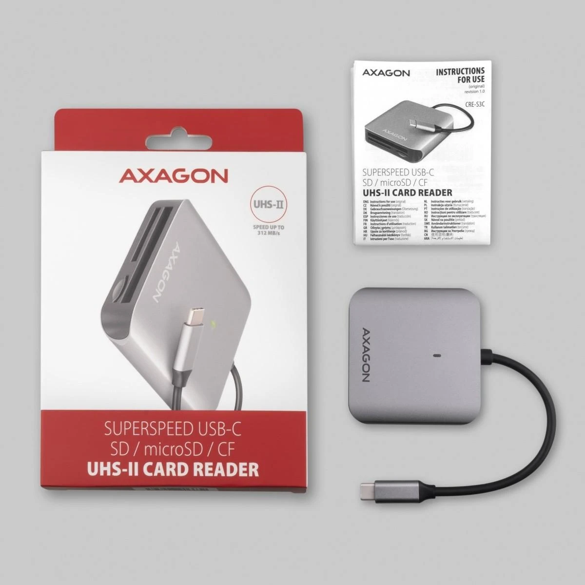 Axagon aliuminio didelės spartos USB-C 3.2 Gen 1 atminties kortelių skaitytuvas. 3 lizdai, UHS-II.