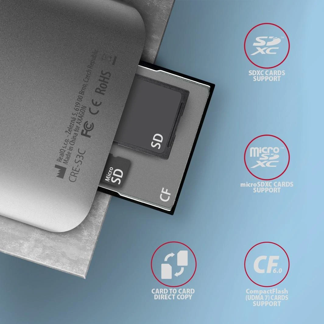 Axagon aliuminio didelės spartos USB-C 3.2 Gen 1 atminties kortelių skaitytuvas. 3 lizdai, UHS-II.