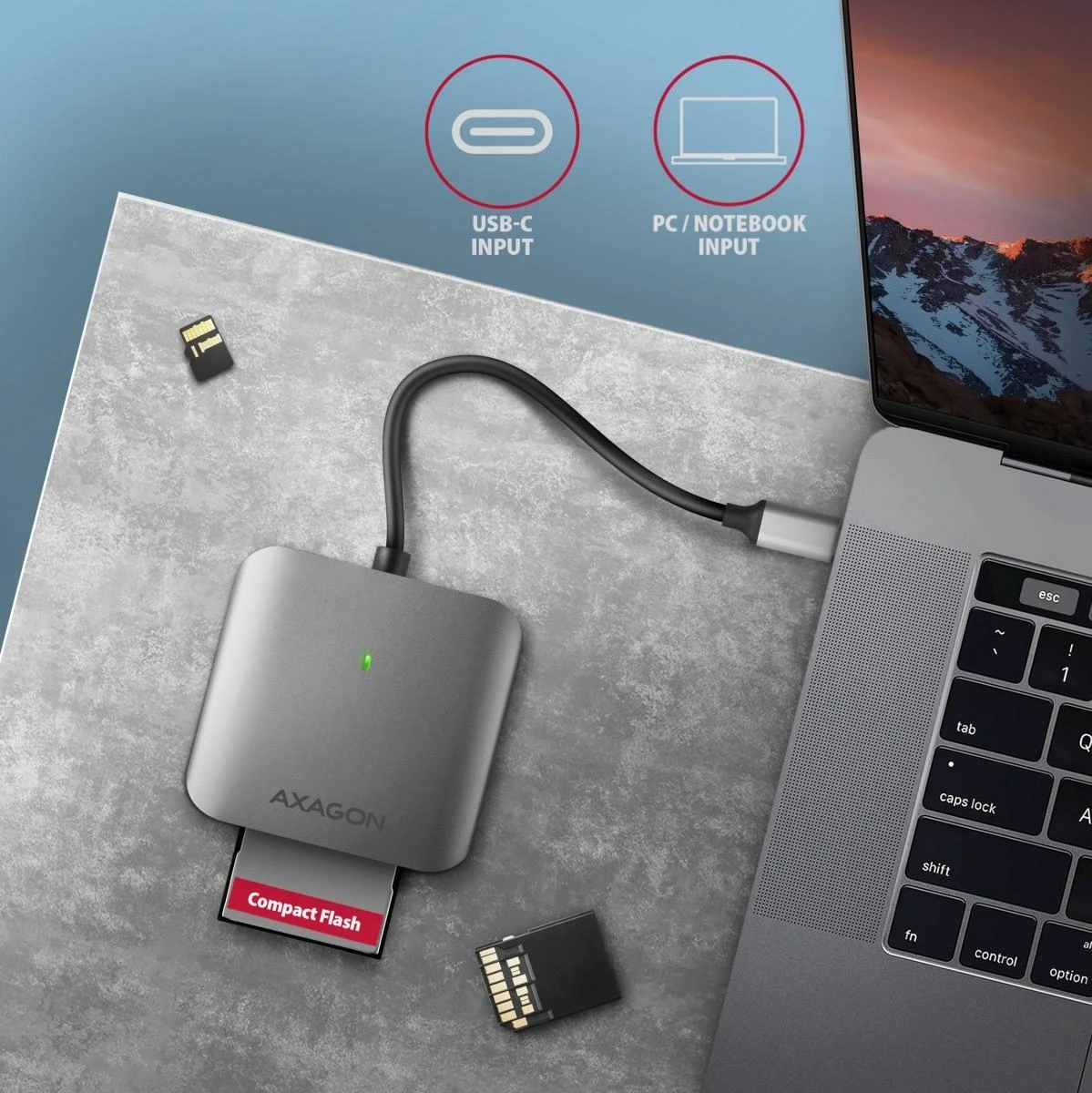 Axagon aliuminio didelės spartos USB-C 3.2 Gen 1 atminties kortelių skaitytuvas. 3 lizdai, UHS-II.