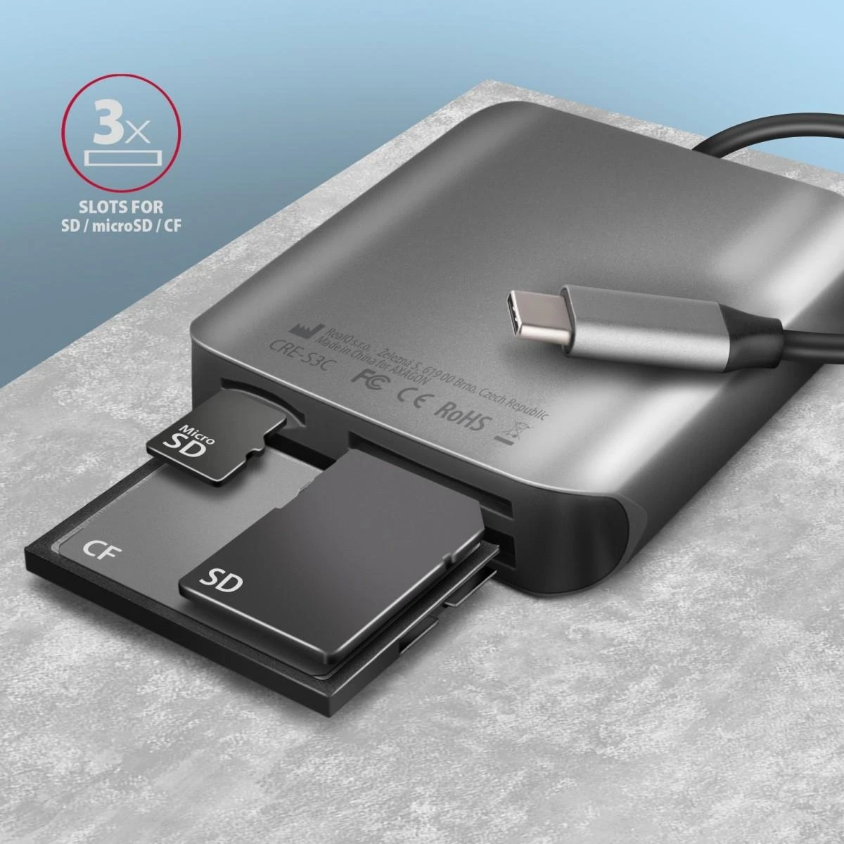 Axagon aliuminio didelės spartos USB-C 3.2 Gen 1 atminties kortelių skaitytuvas. 3 lizdai, UHS-II.