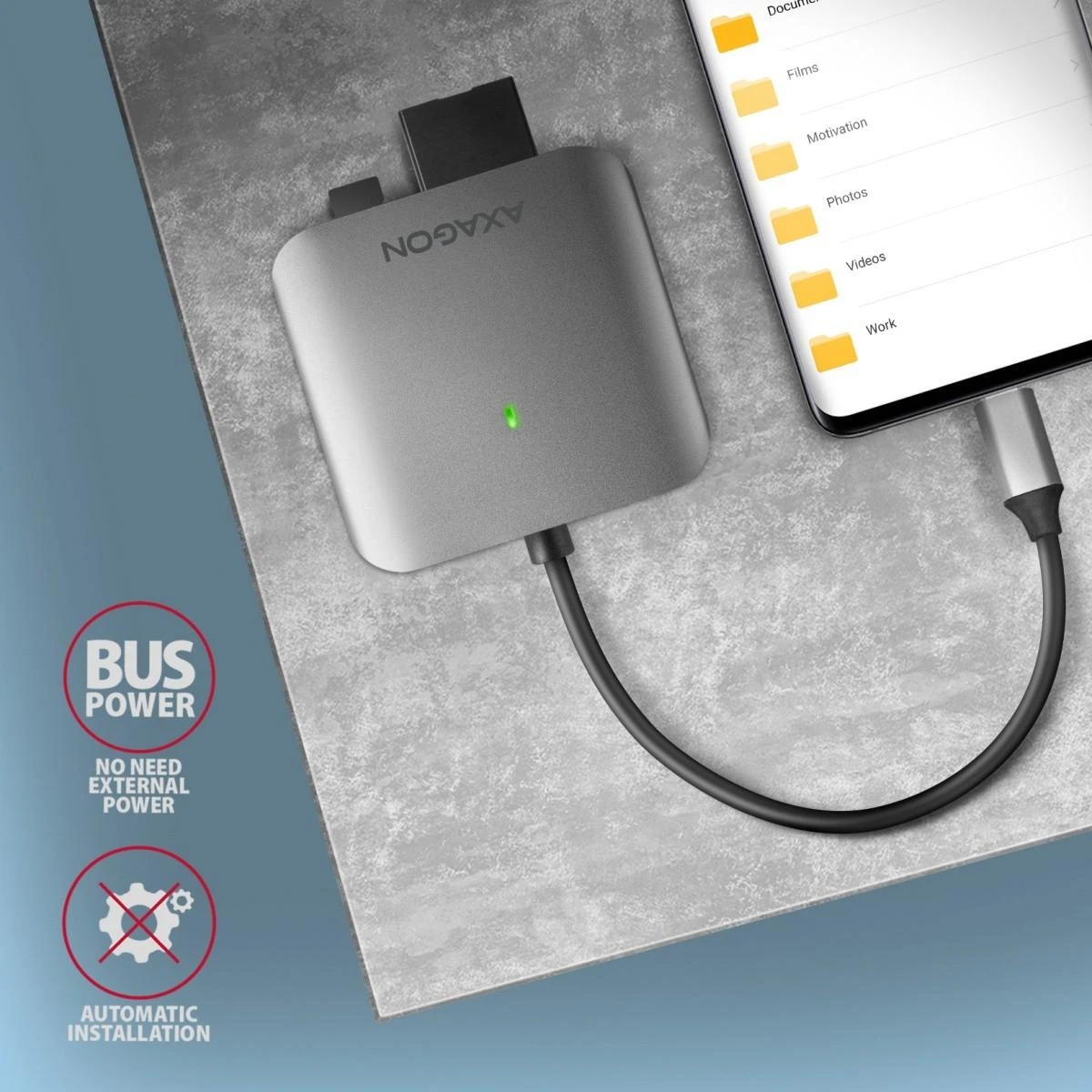 Axagon aliuminio didelės spartos USB-C 3.2 Gen 1 atminties kortelių skaitytuvas. 3 lizdai, UHS-II.