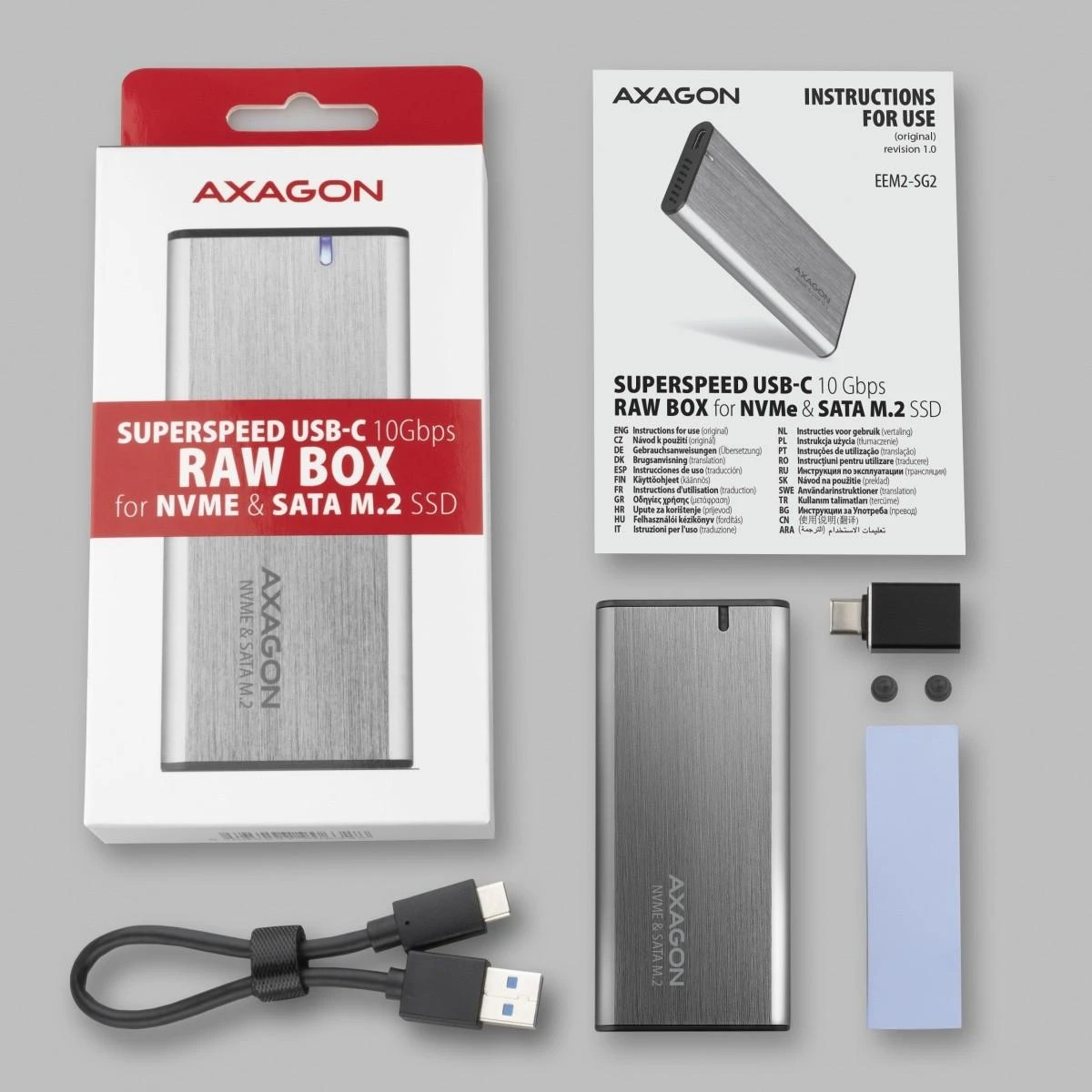 AXAGON išorinė USB-C 3.2 Gen 2 metalinė dėžutė M.2 NVMe ir SATA SSD diskams | EEM2-SG2