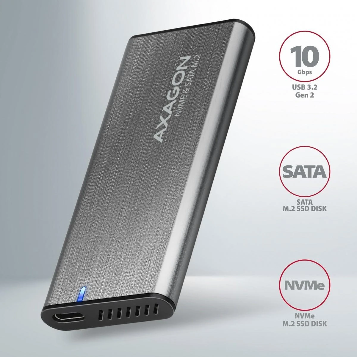 AXAGON išorinė USB-C 3.2 Gen 2 metalinė dėžutė M.2 NVMe ir SATA SSD diskams | EEM2-SG2