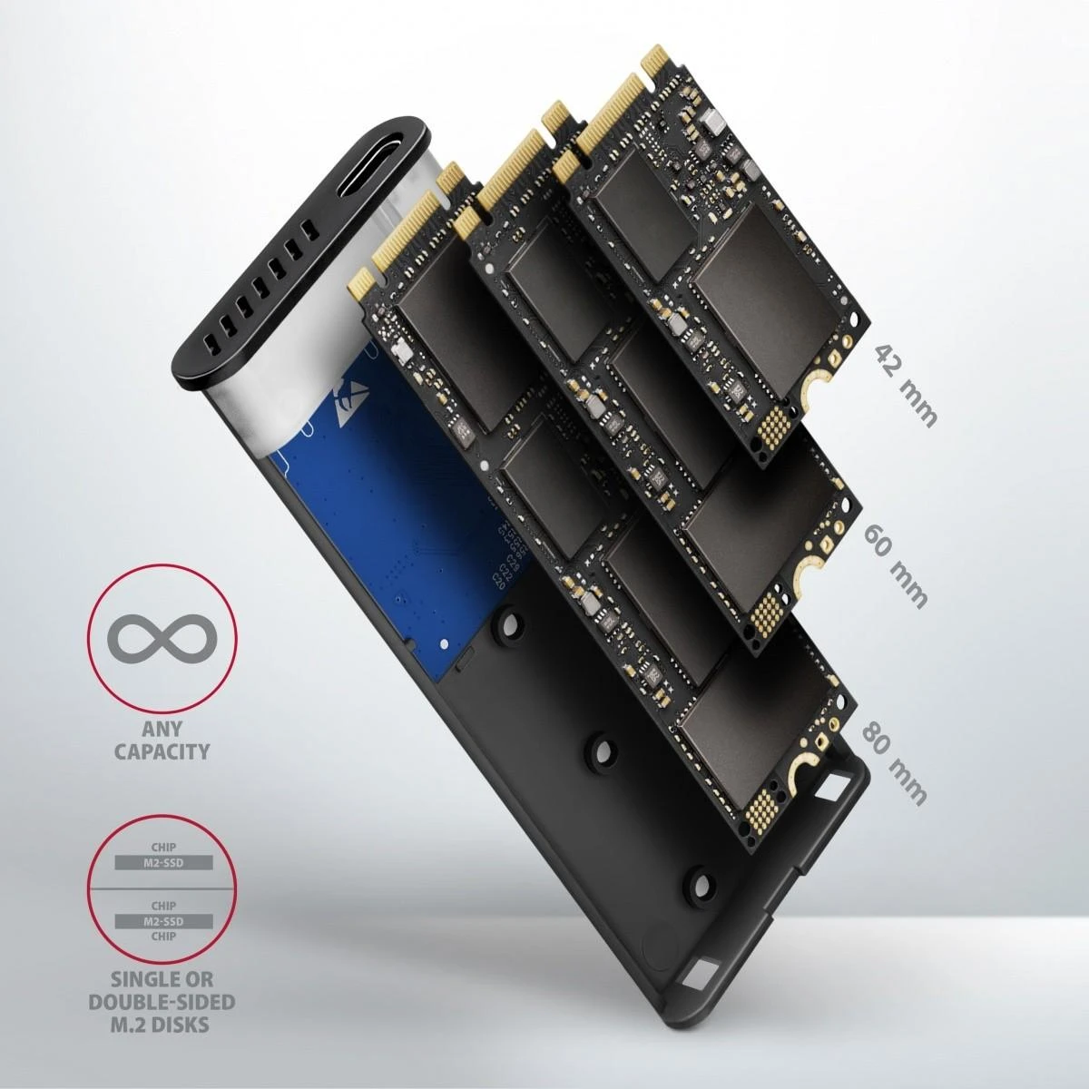 AXAGON išorinė USB-C 3.2 Gen 2 metalinė dėžutė M.2 NVMe ir SATA SSD diskams | EEM2-SG2