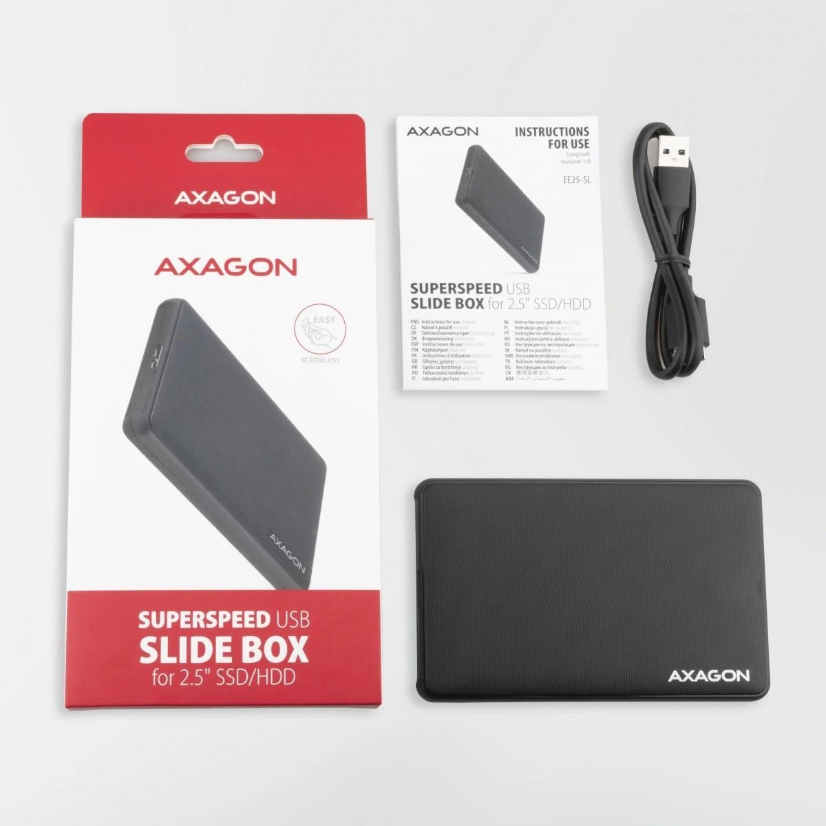 AXAGON Screwless USB 3.2 Gen 1 – SATA 6G išorinė dėžutė, skirta 2,5" SSD / HDD | EE25-SL