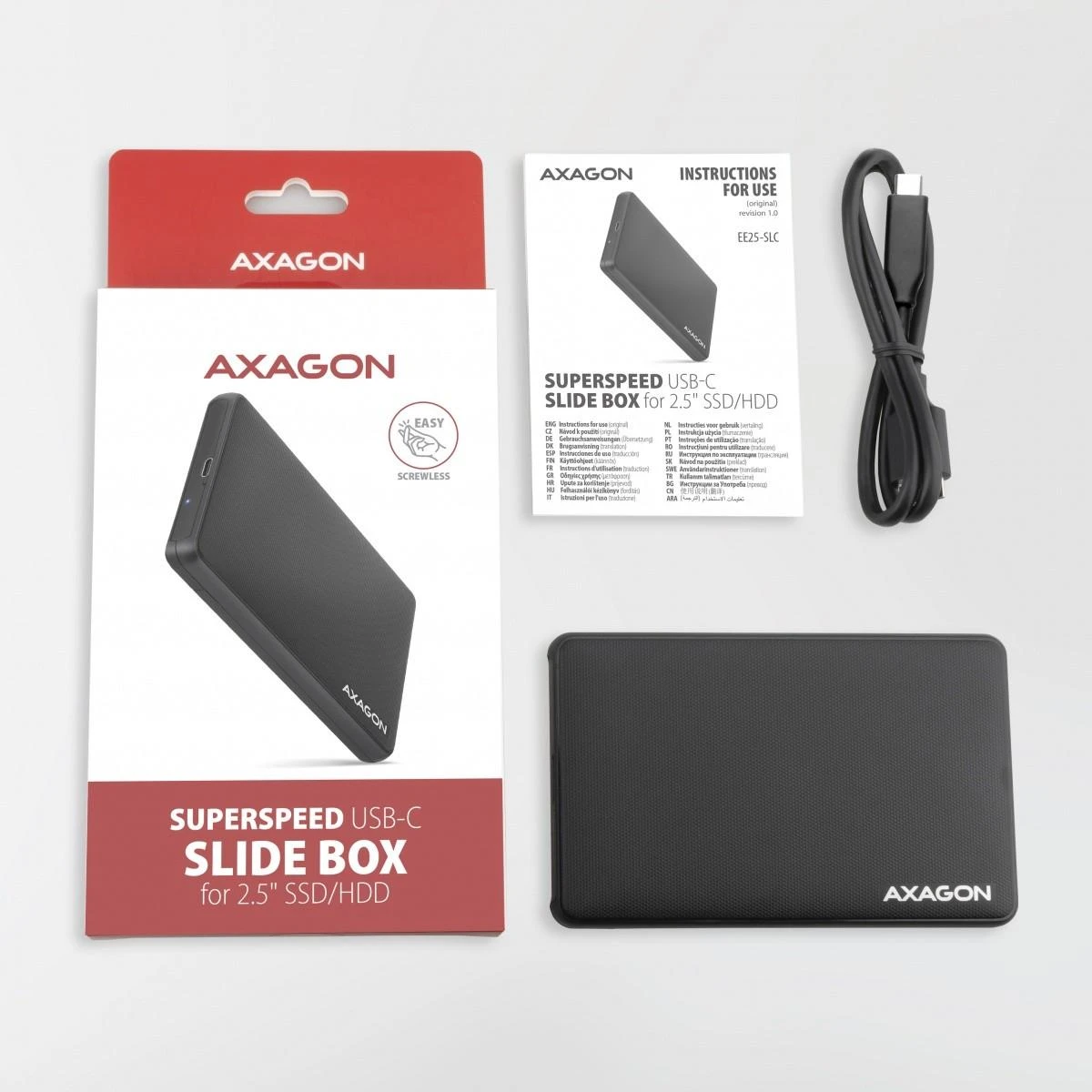 AXAGON Screwless USB 3.2 Gen 1 – SATA 6G išorinė dėžutė, skirta 2,5" SSD / HDD | EE25-SLC