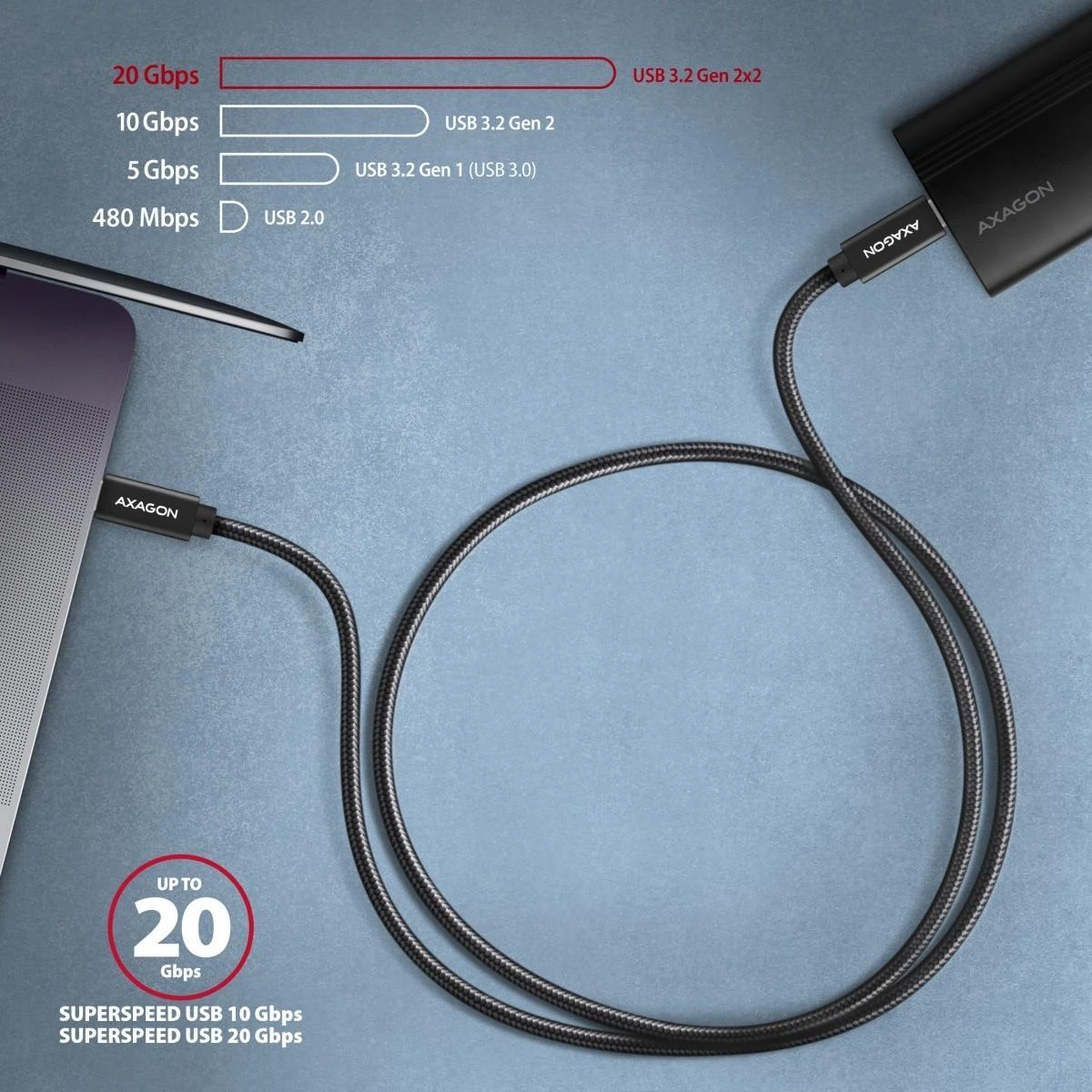 Axagon duomenų ir įkrovimo USB 3.2 Gen 2 kabelio ilgis 2 m. PD 100W, 5A, 4K HD vaizdo įrašas. Juodas pynė.