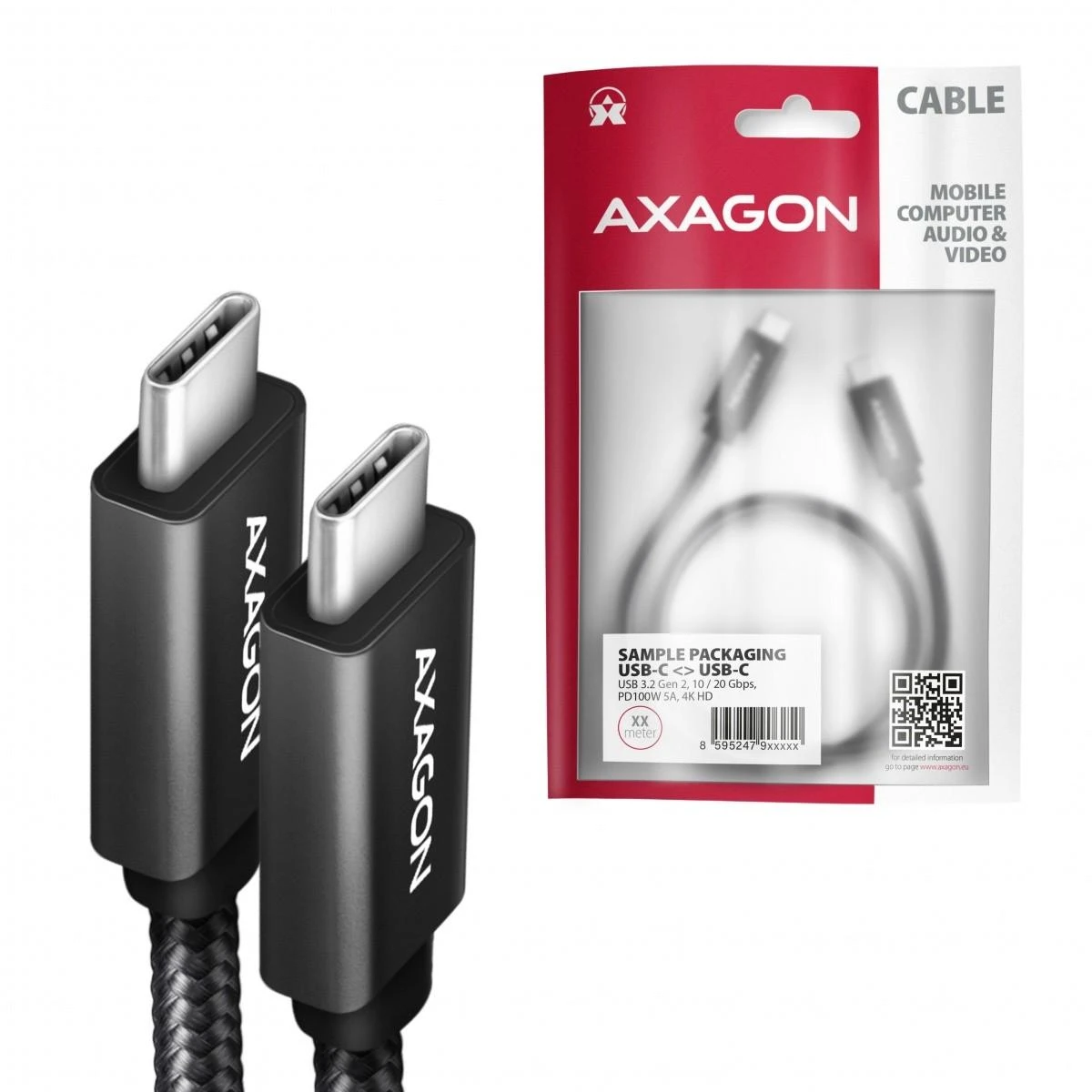 Axagon duomenų ir įkrovimo USB 3.2 Gen 2 kabelio ilgis 2 m. PD 100W, 5A, 4K HD vaizdo įrašas. Juodas pynė.