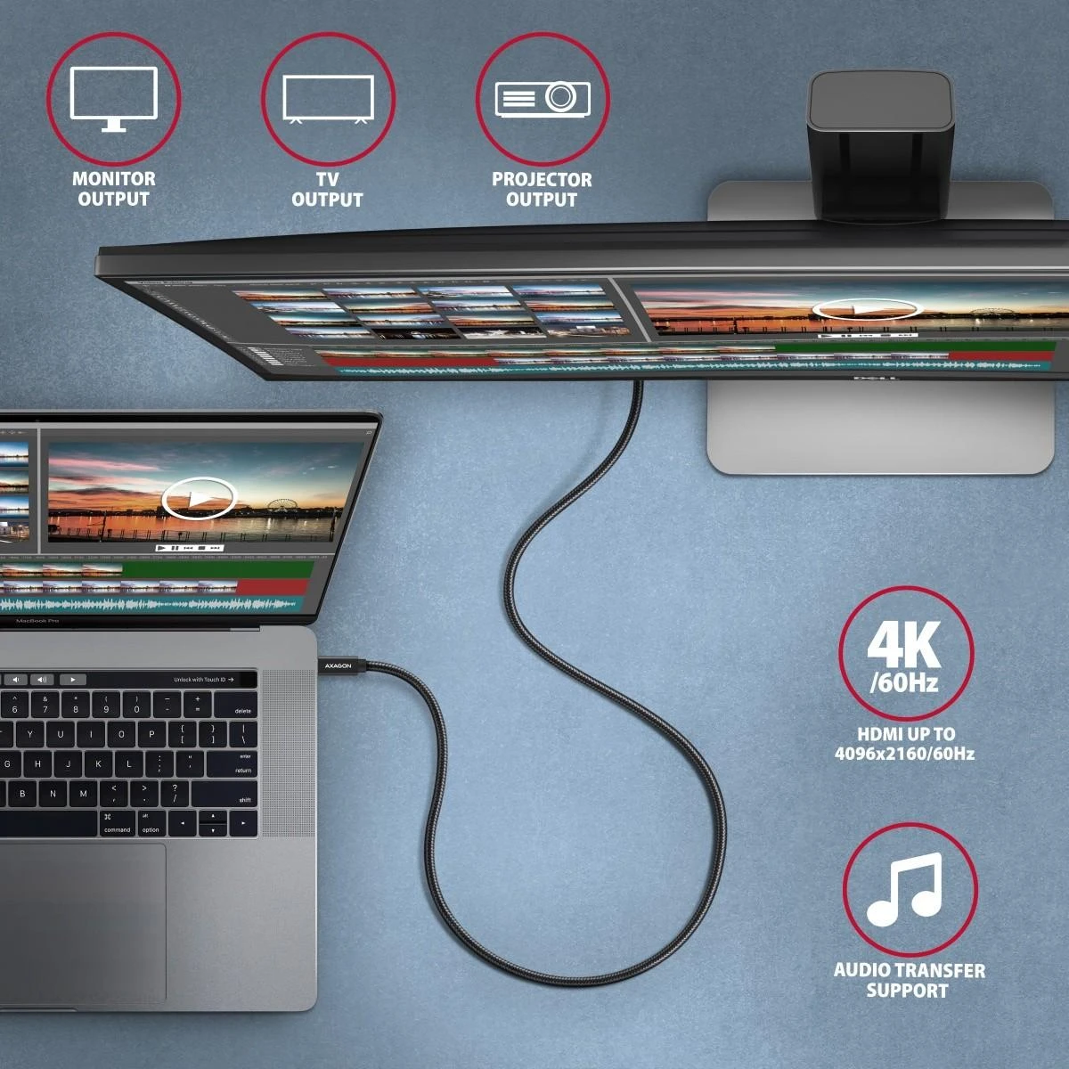 Kabelis AXAGON BUCM32-CM10AB USB-C < > USB-C 3.2 Gen 2/PD 100W/5A/4K HD/ALU/Juodas pintas/1m