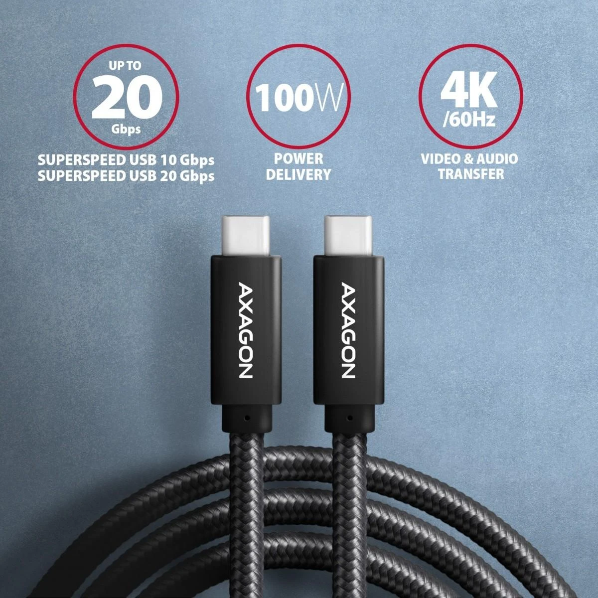 Kabelis AXAGON BUCM32-CM10AB USB-C < > USB-C 3.2 Gen 2/PD 100W/5A/4K HD/ALU/Juodas pintas/1m
