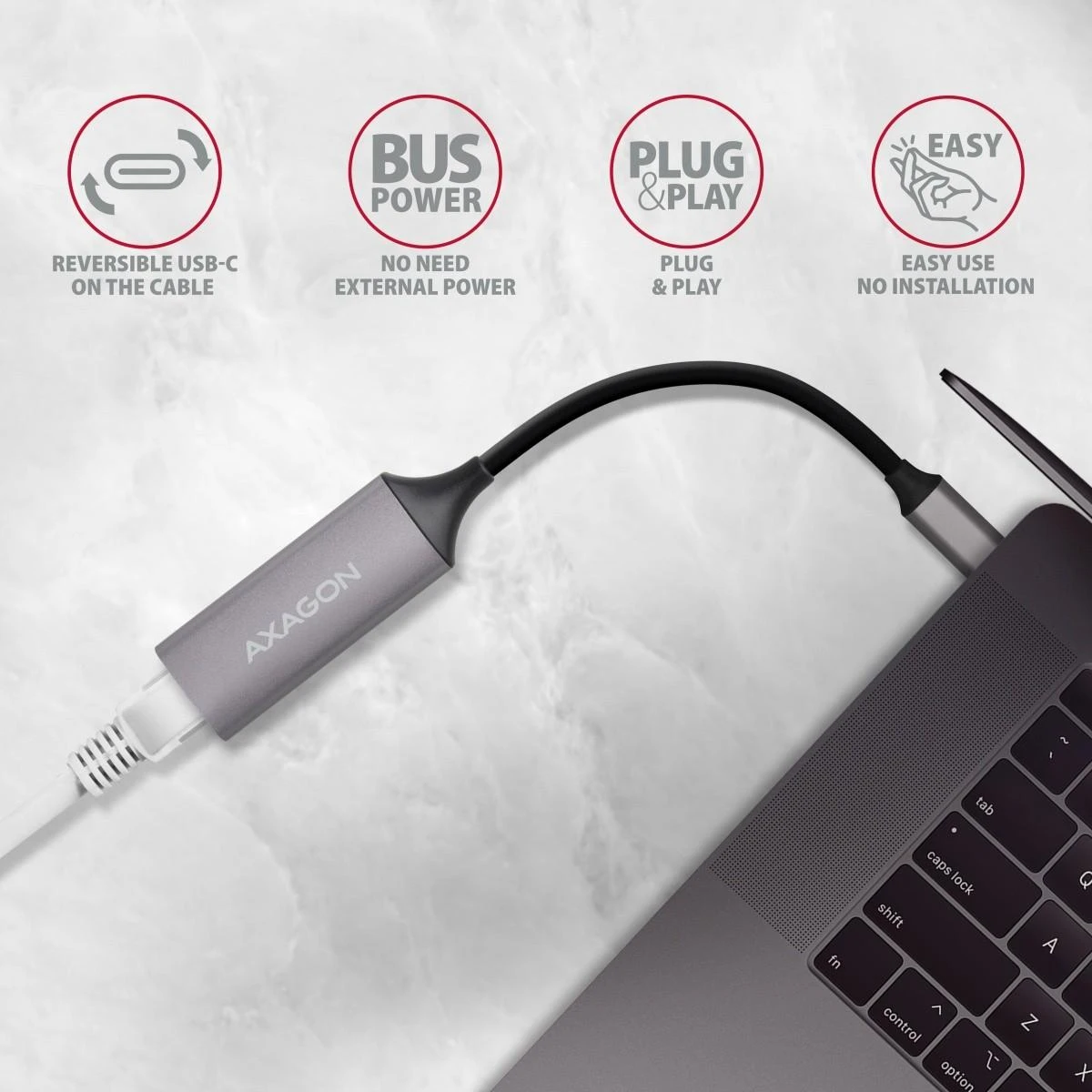 AXAGON ADE-TRC Type-C USB3.2 Gen 1 - Gigabit Ethernet 10/100/1000 Adapteriai, metalas, titan pilkas