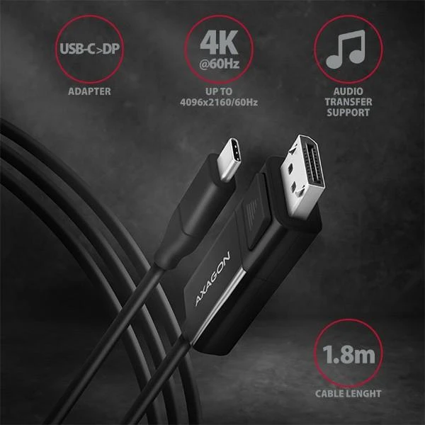AXAGON Aktyvus kabelis | USB-C prie DisplayPort | 1,8 m