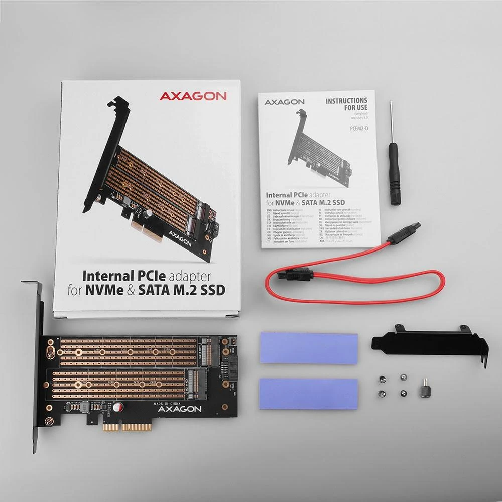 AXAGON PCEM2-D PCI-E 3.0 4x - DUAL M.2 SSD (NVMe + SATA), dual voltage, iki 110mm SSD