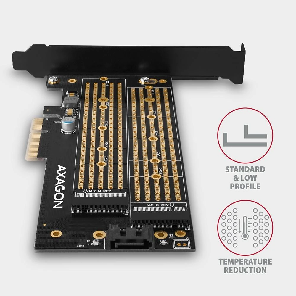 AXAGON PCEM2-D PCI-E 3.0 4x - DUAL M.2 SSD (NVMe + SATA), dual voltage, iki 110mm SSD