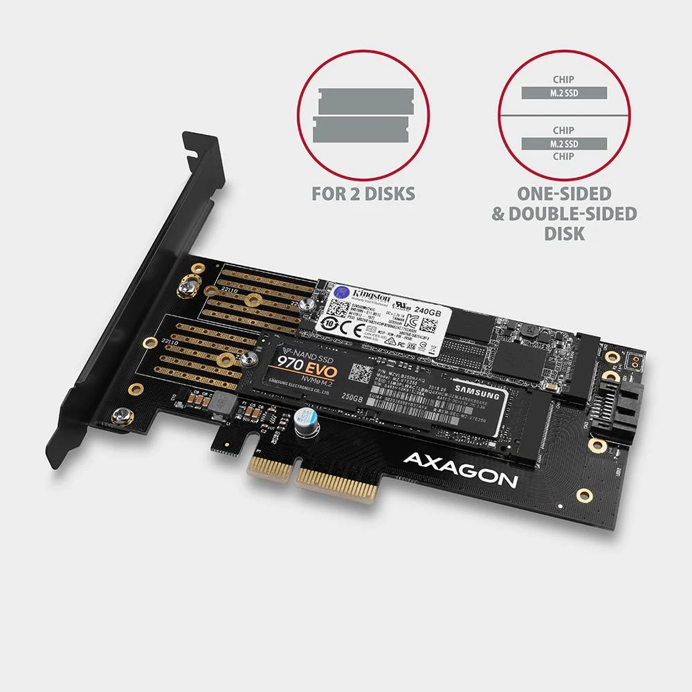 AXAGON PCEM2-D PCI-E 3.0 4x - DUAL M.2 SSD (NVMe + SATA), dual voltage, iki 110mm SSD