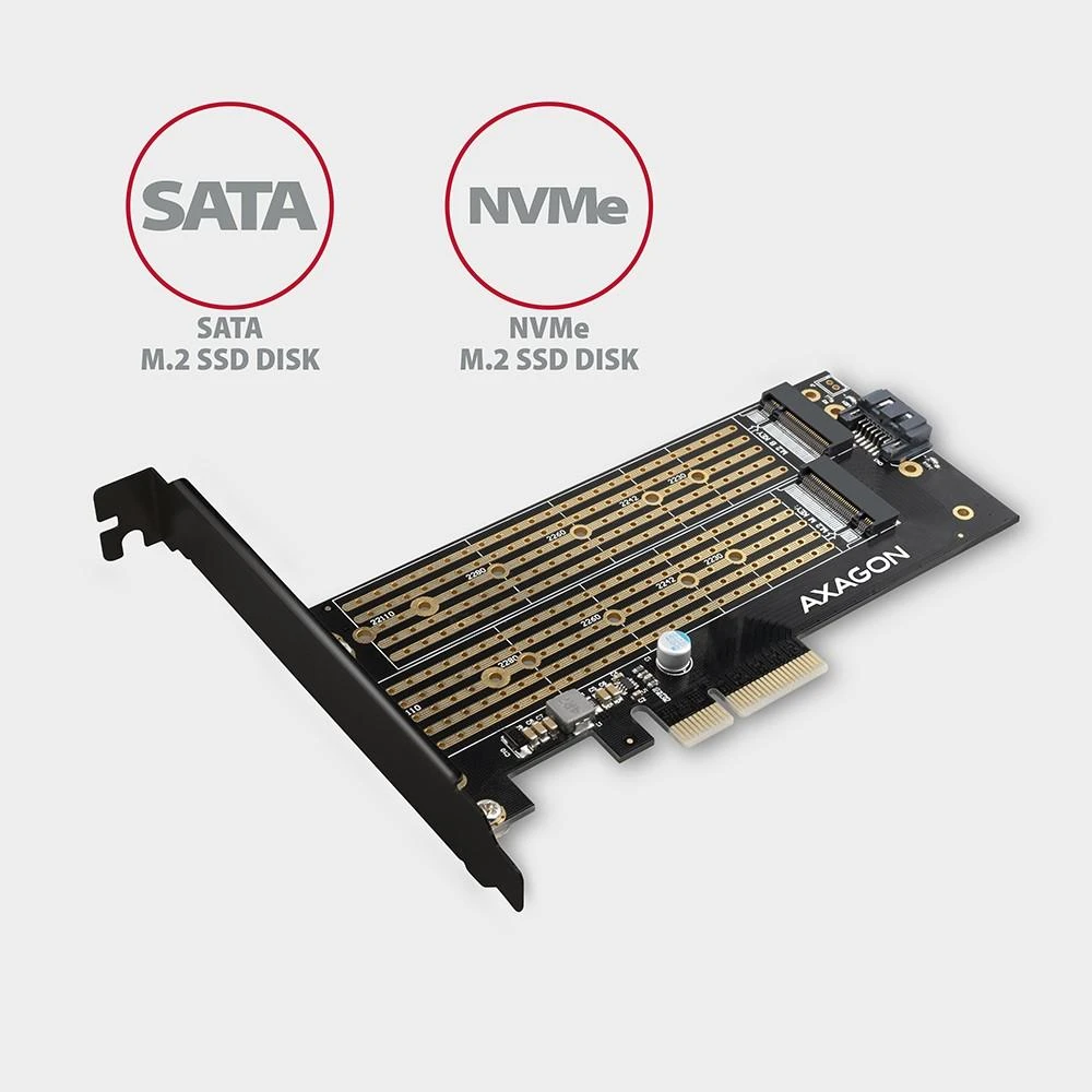 AXAGON PCEM2-D PCI-E 3.0 4x - DUAL M.2 SSD (NVMe + SATA), dual voltage, iki 110mm SSD