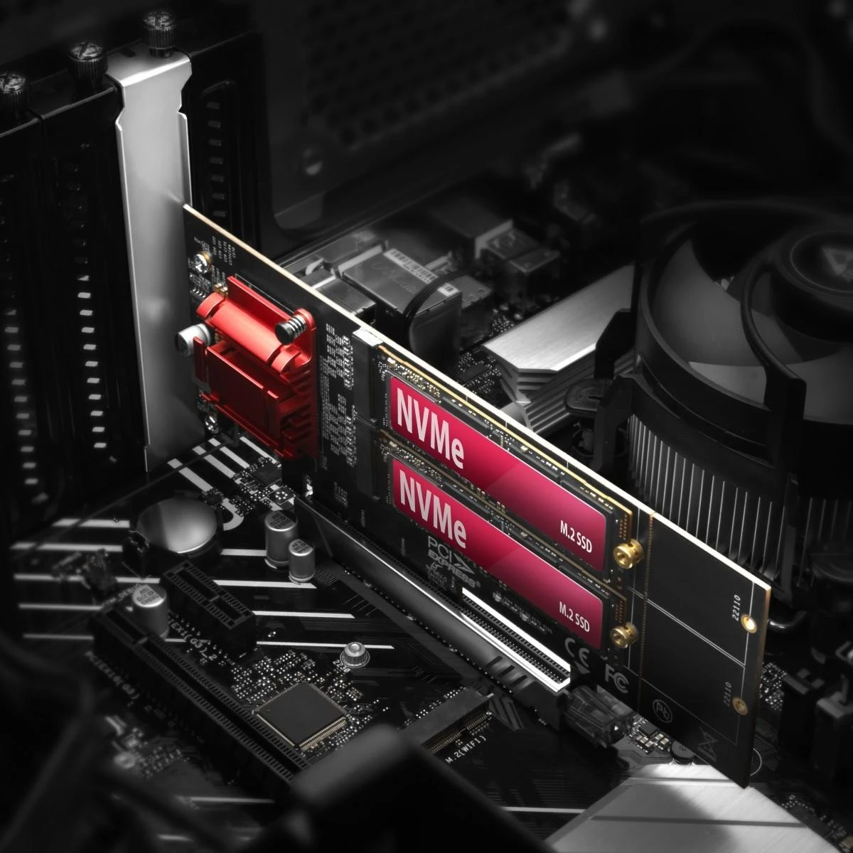 Axagon PCEM2-ND PCIE 2X NVME M.2 CONTROLLERPCI-Express x8 vidinis valdiklis, skirtas dviejų NVMe M.2 SSD diskų prijungimui prie kompiuterio. Palaiko pagrindines plokštes be PCIe Bifurcation.