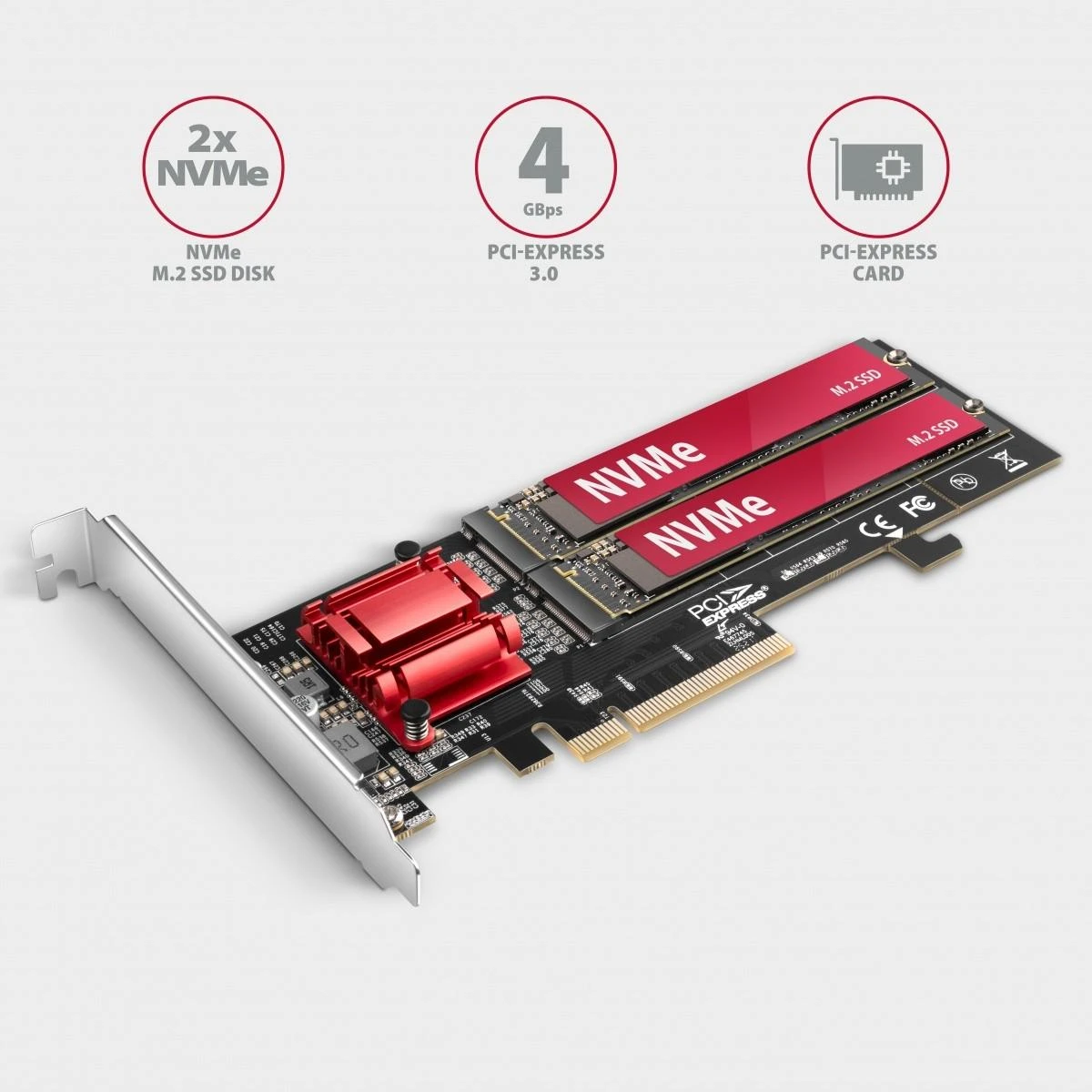 Axagon PCEM2-ND PCIE 2X NVME M.2 CONTROLLERPCI-Express x8 vidinis valdiklis, skirtas dviejų NVMe M.2 SSD diskų prijungimui prie kompiuterio. Palaiko pagrindines plokštes be PCIe Bifurcation.