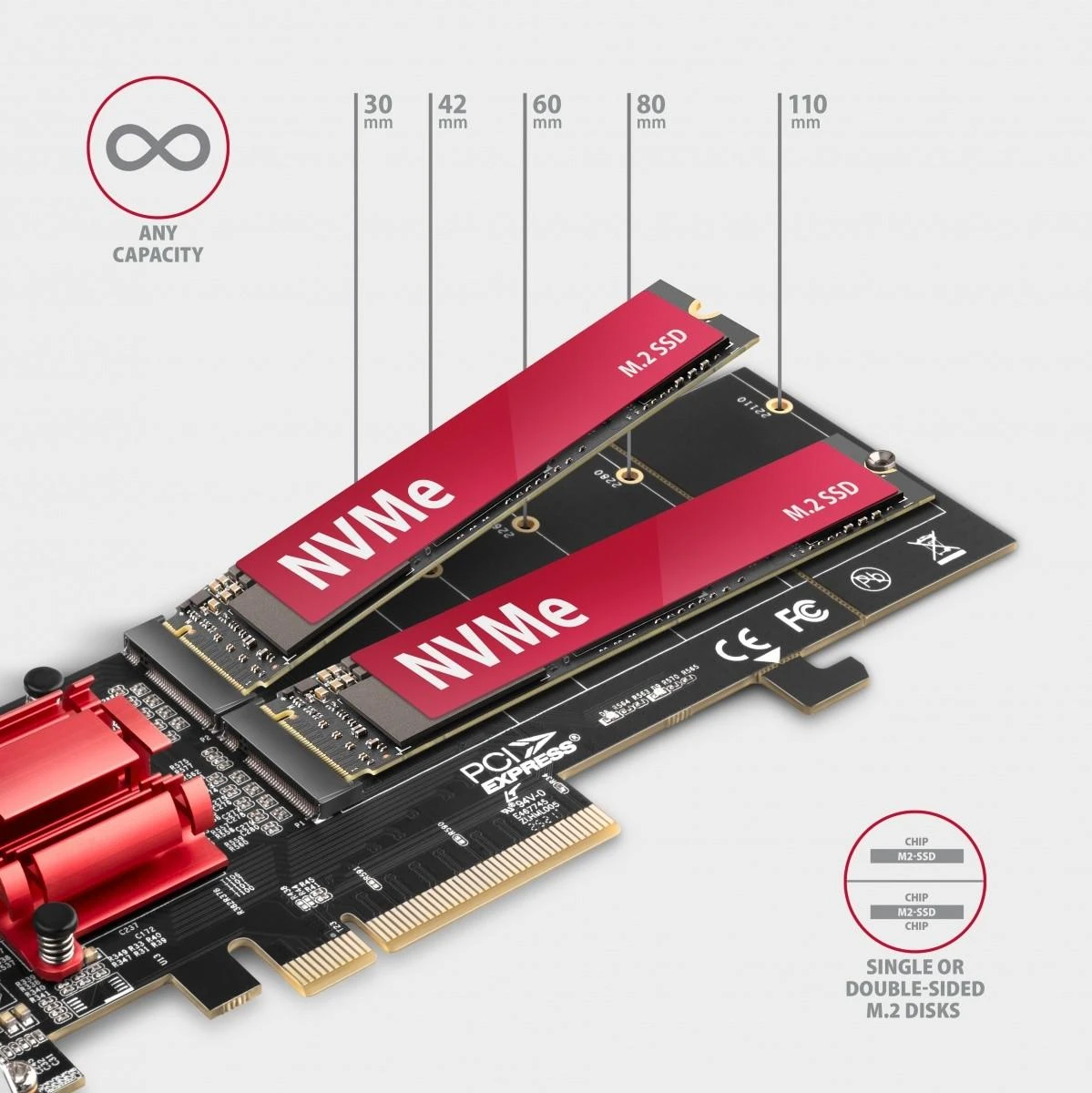 Axagon PCEM2-ND PCIE 2X NVME M.2 CONTROLLERPCI-Express x8 vidinis valdiklis, skirtas dviejų NVMe M.2 SSD diskų prijungimui prie kompiuterio. Palaiko pagrindines plokštes be PCIe Bifurcation.