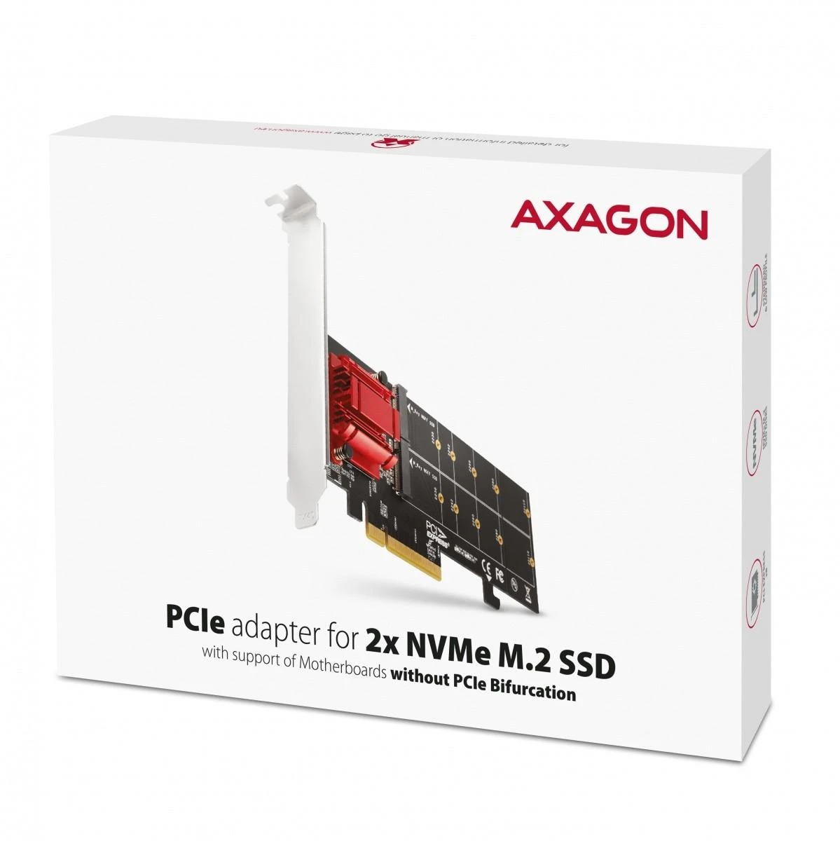 Axagon PCEM2-ND PCIE 2X NVME M.2 CONTROLLERPCI-Express x8 vidinis valdiklis, skirtas dviejų NVMe M.2 SSD diskų prijungimui prie kompiuterio. Palaiko pagrindines plokštes be PCIe Bifurcation.