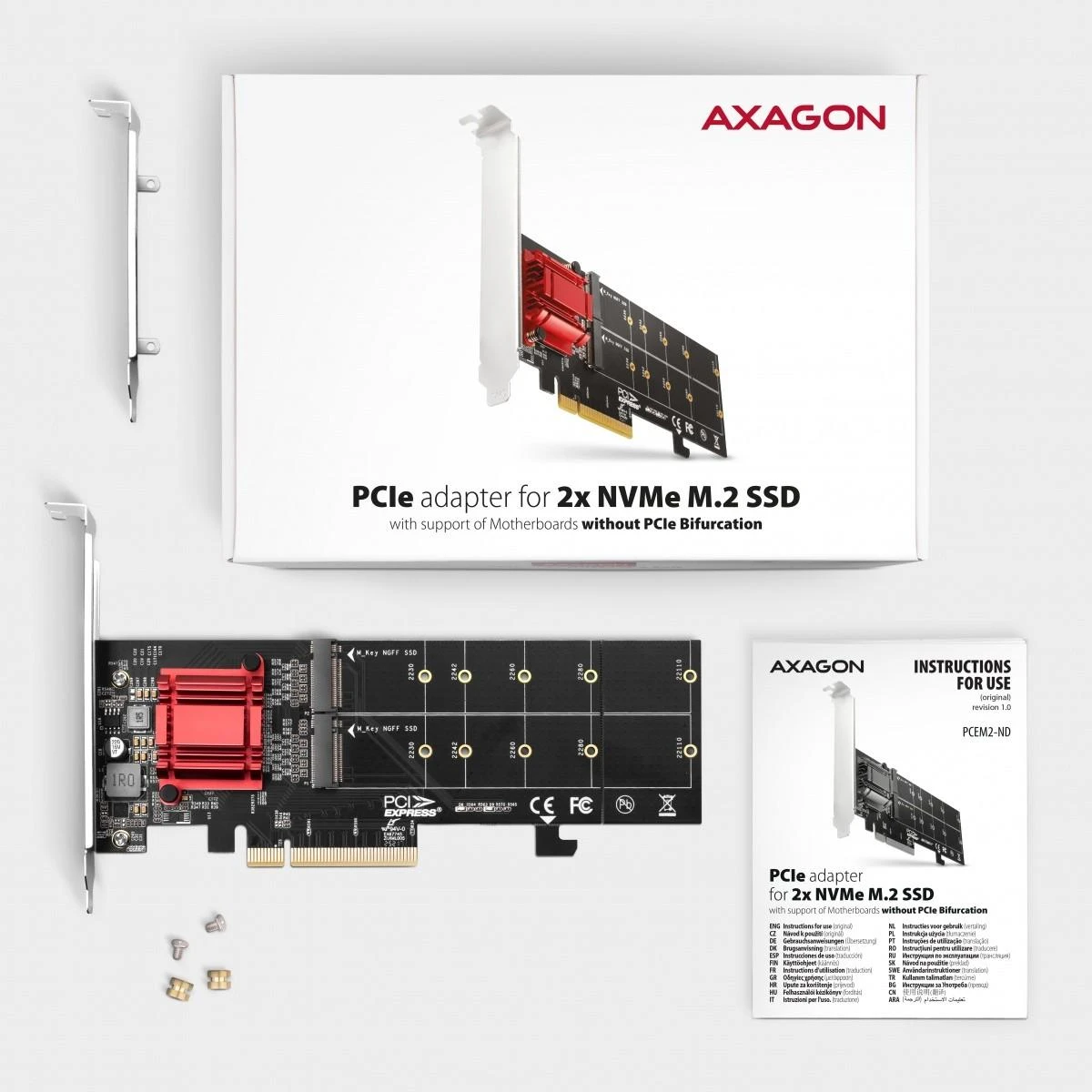 Axagon PCEM2-ND PCIE 2X NVME M.2 CONTROLLERPCI-Express x8 vidinis valdiklis, skirtas dviejų NVMe M.2 SSD diskų prijungimui prie kompiuterio. Palaiko pagrindines plokštes be PCIe Bifurcation.