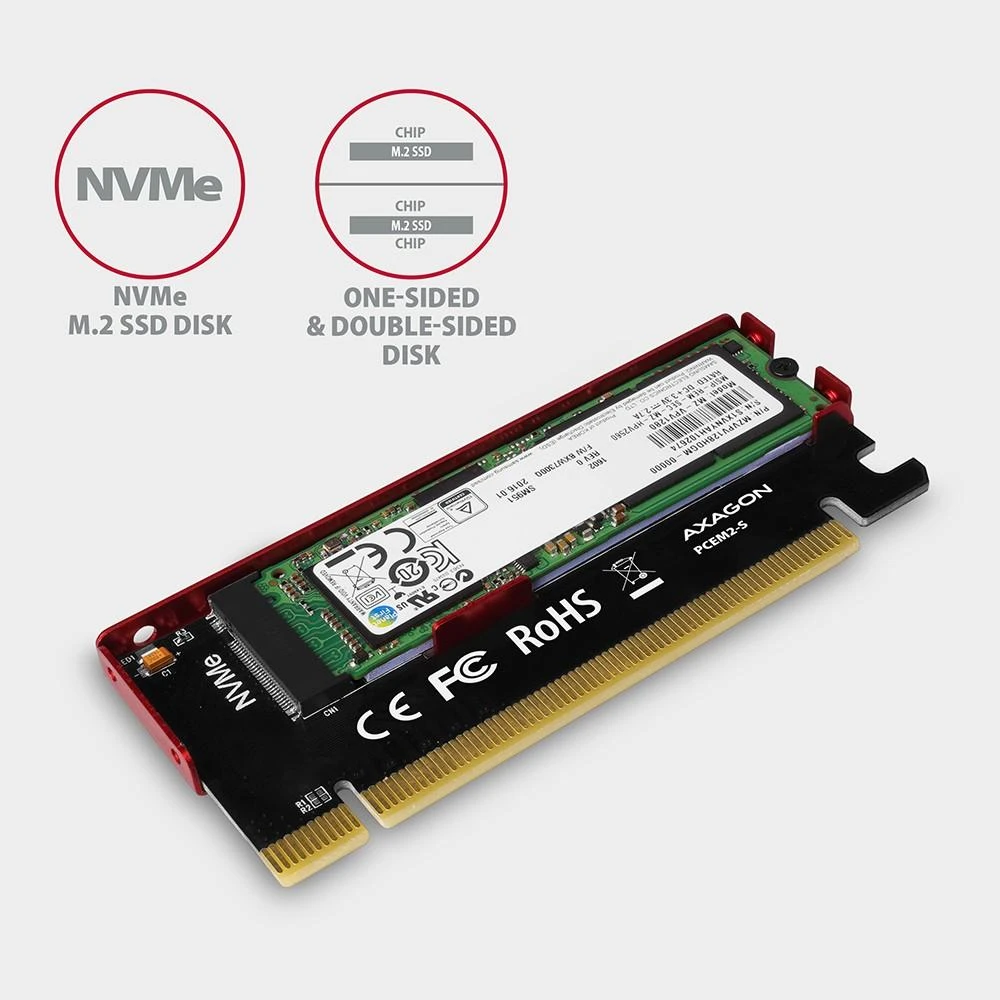 AXAGON PCEM2-S PCI-E 3.0 16x - M.2 SSD NVMe, iki 80mm SSD, žemo profilio, aušintuvas