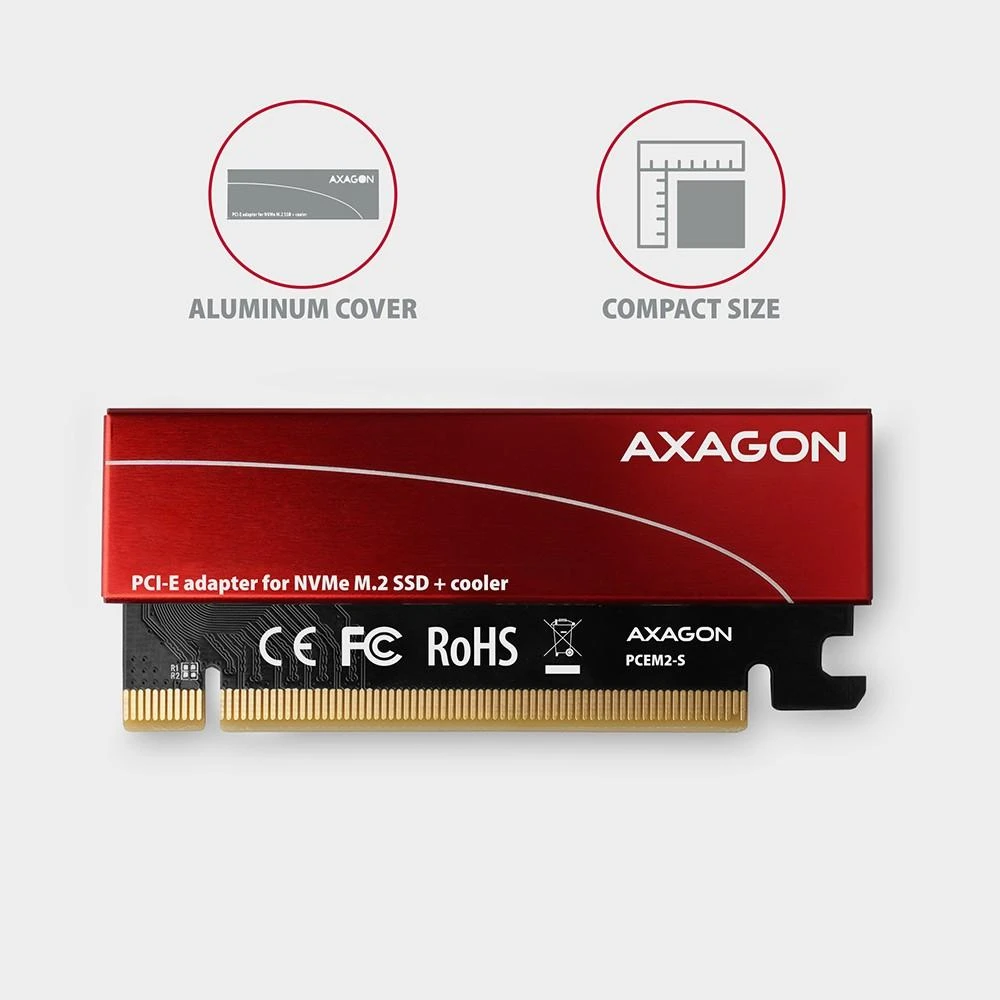 AXAGON PCEM2-S PCI-E 3.0 16x - M.2 SSD NVMe, iki 80mm SSD, žemo profilio, aušintuvas