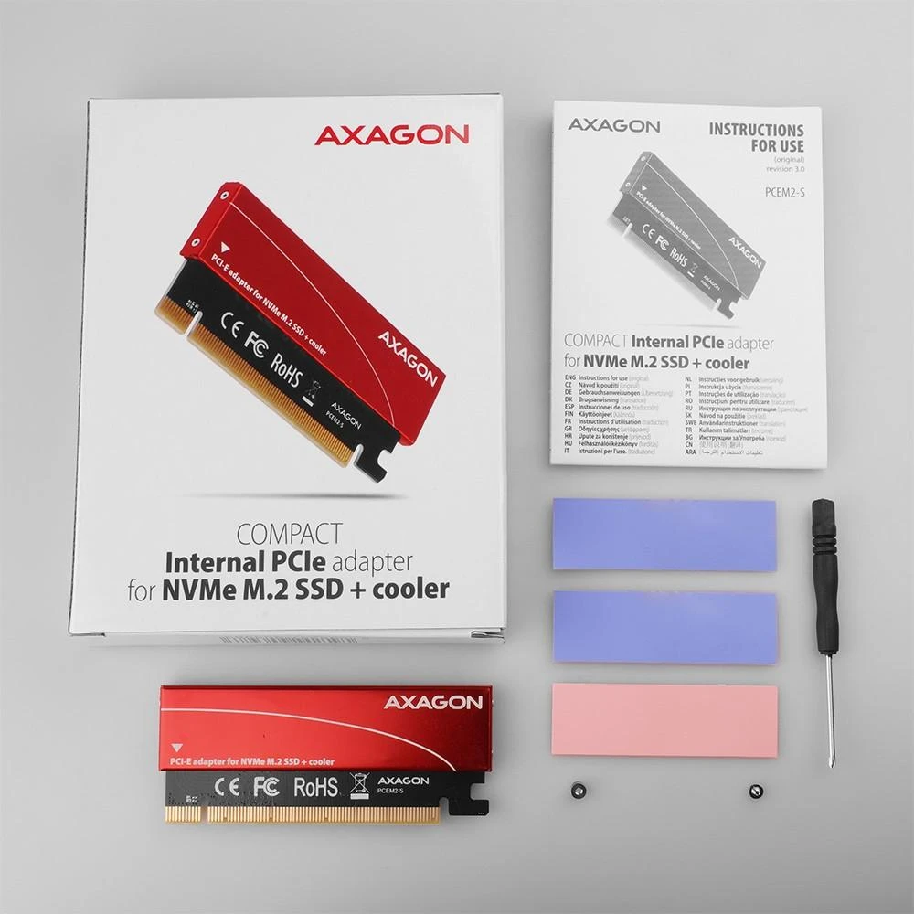 AXAGON PCEM2-S PCI-E 3.0 16x - M.2 SSD NVMe, iki 80mm SSD, žemo profilio, aušintuvas
