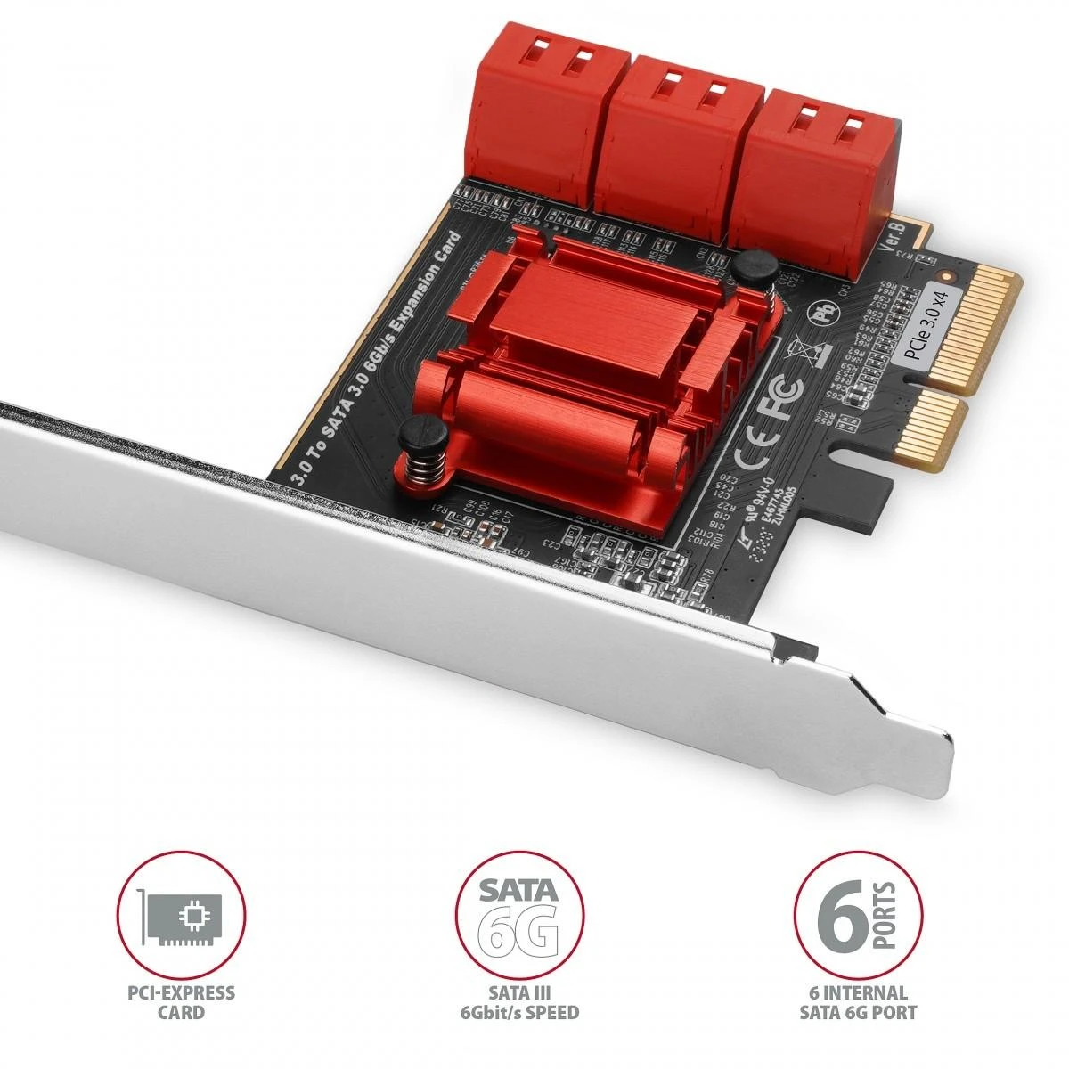 Axagon Šešių kanalų SATA III PCI-Express valdiklis su šešiais vidiniais SATA jungtys. Standartinis ir žemas profilis.