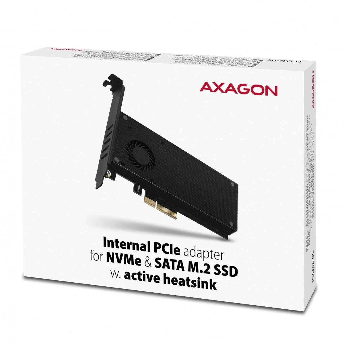 AXAGON PCEM2-DC PCI-E 3.0 4x - DUAL M.2 SSD (NVMe + SATA), dviguba įtampa, iki 110 mm SSD, ventiliatorius + radiatorius