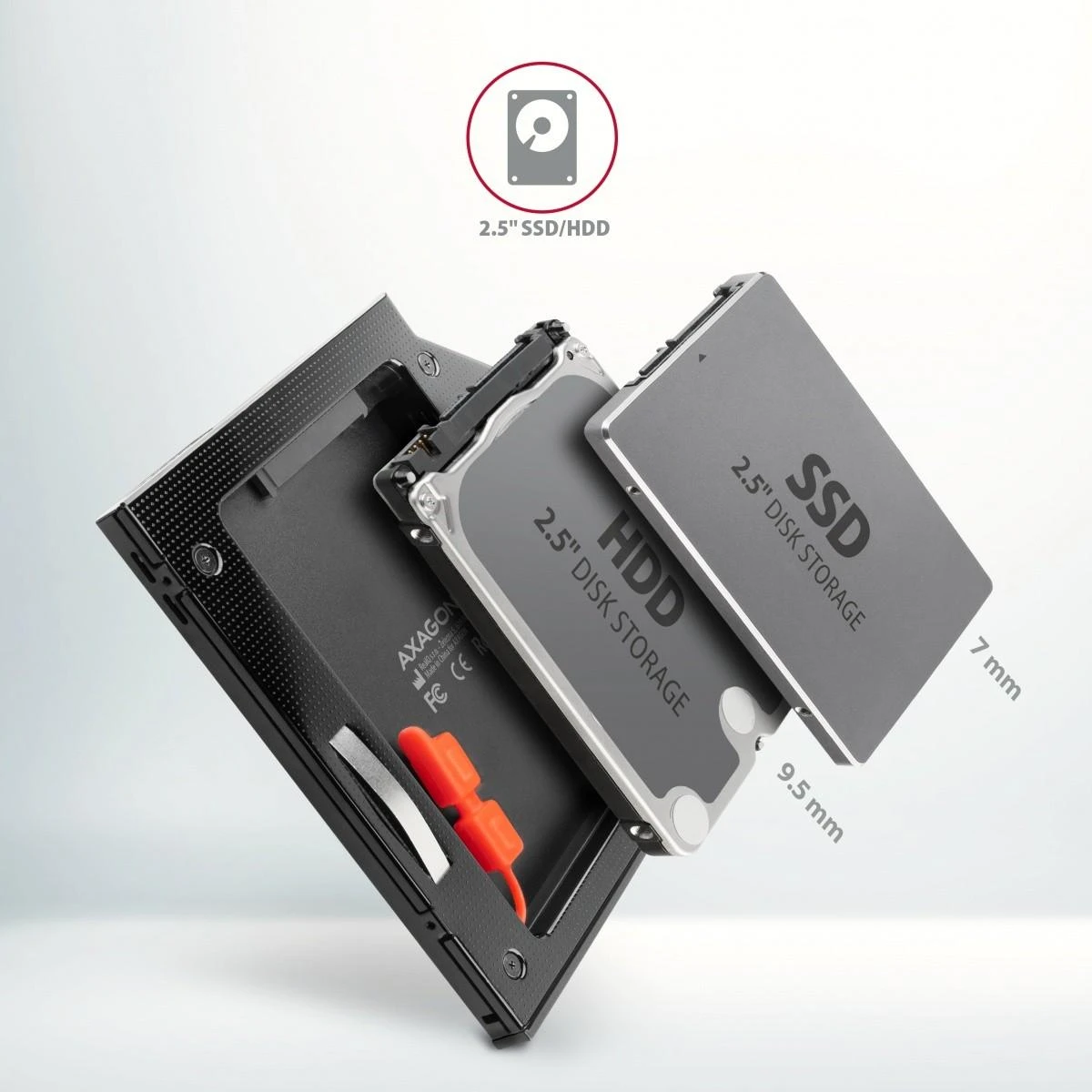 Axagon Išorinio kietojo disko dėklas RSS-CD09 Ramka su 2,5" SSD-HDD su Gniazda DVD, 9,5 mm LED aliuminio