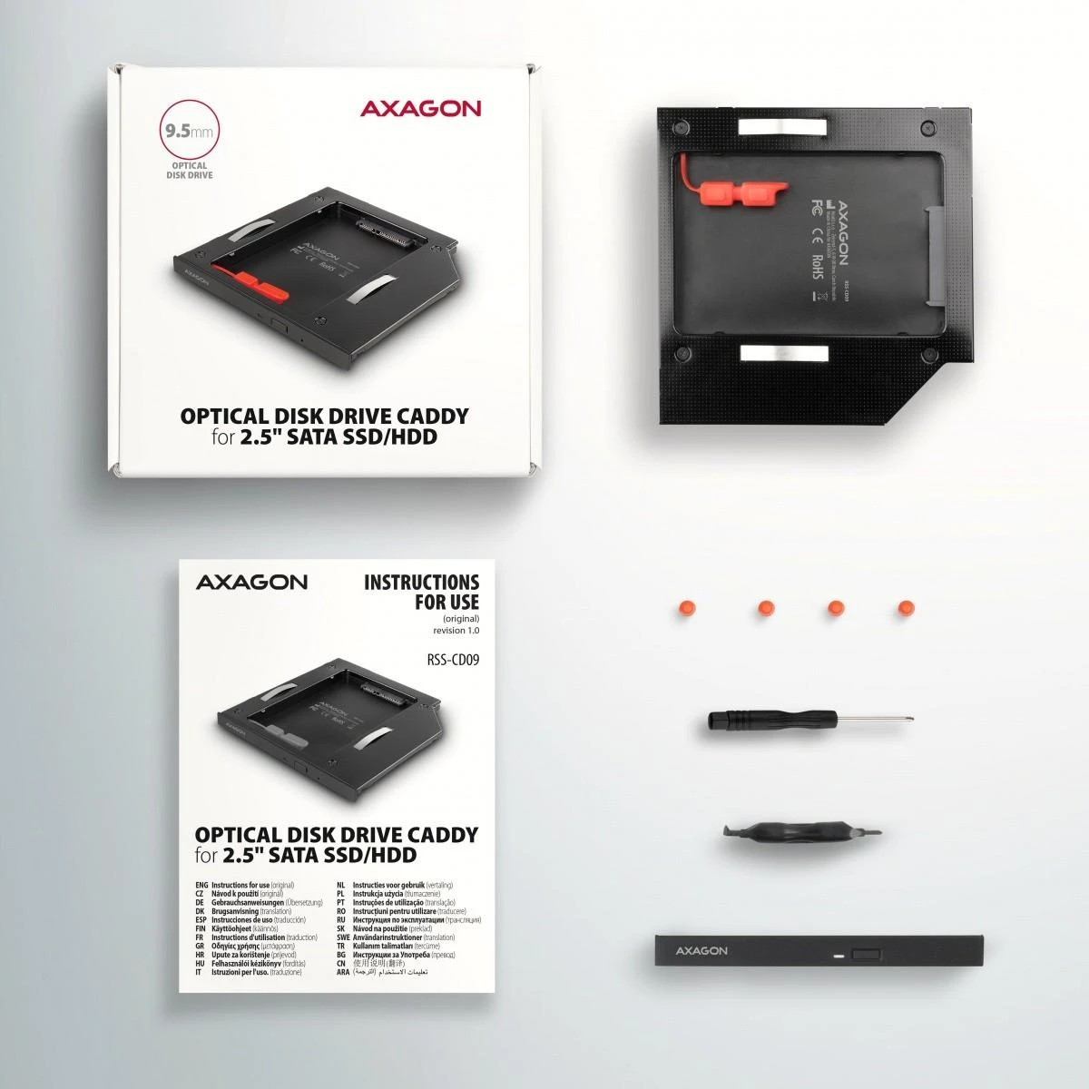 Axagon Išorinio kietojo disko dėklas RSS-CD09 Ramka su 2,5" SSD-HDD su Gniazda DVD, 9,5 mm LED aliuminio