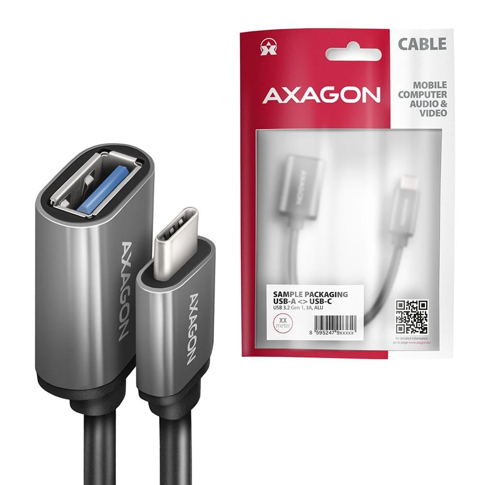 AXAGON RUCM-AFAC USB 3.2 Gen 1 Type-C Male > Type-A Female, kabelio adapteris 0,2m, 3A, ALU